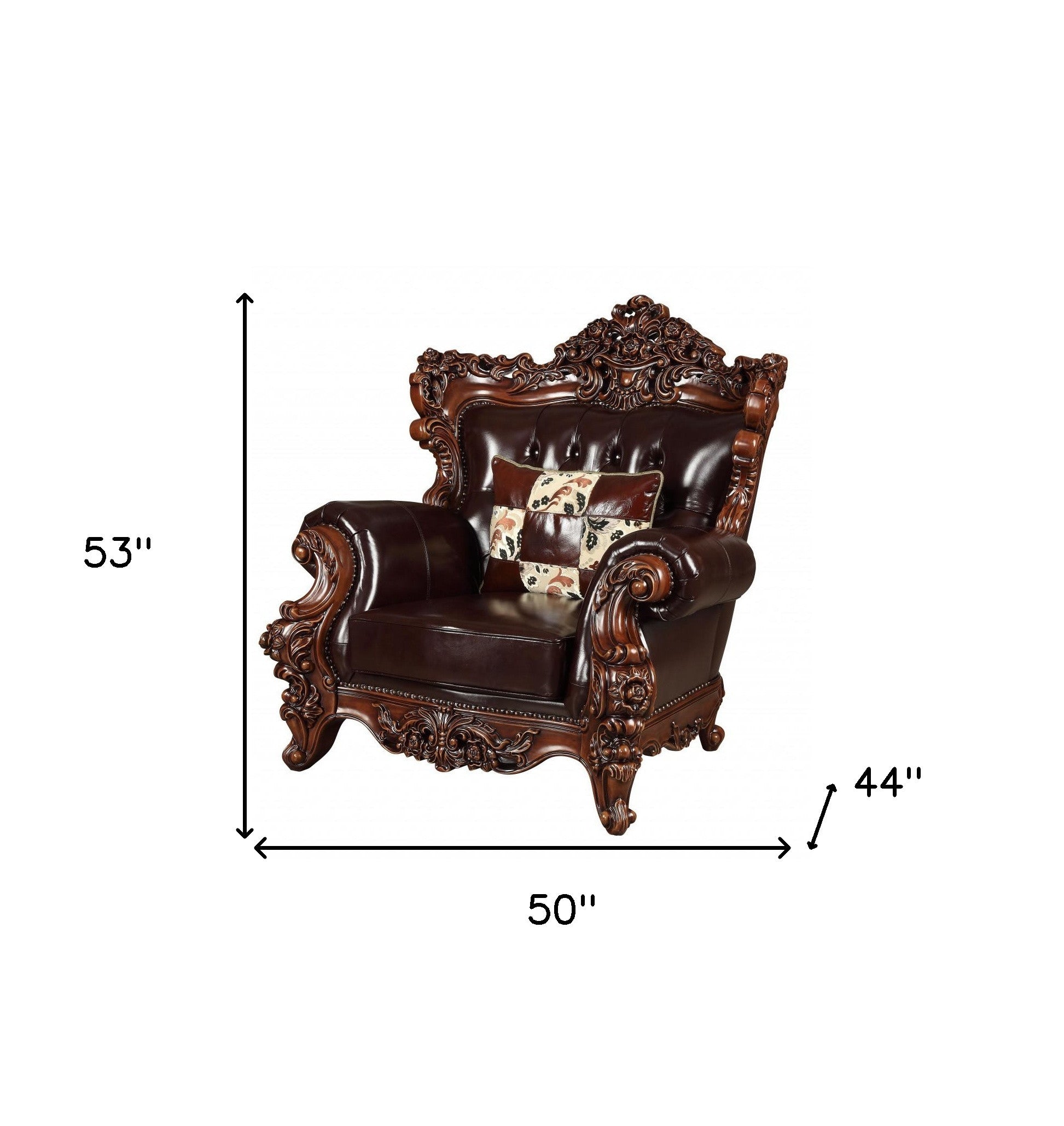 50" Espresso Faux Leather Tufted Wingback Chair And Toss Pillow-6