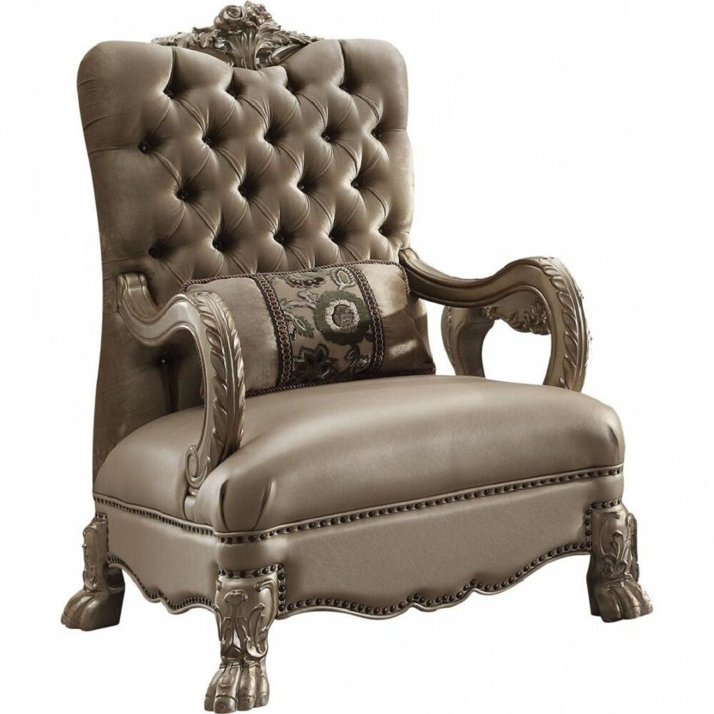 34" Bone and Gold Velvet Tufted Chesterfield Chair And Toss Pillow-0
