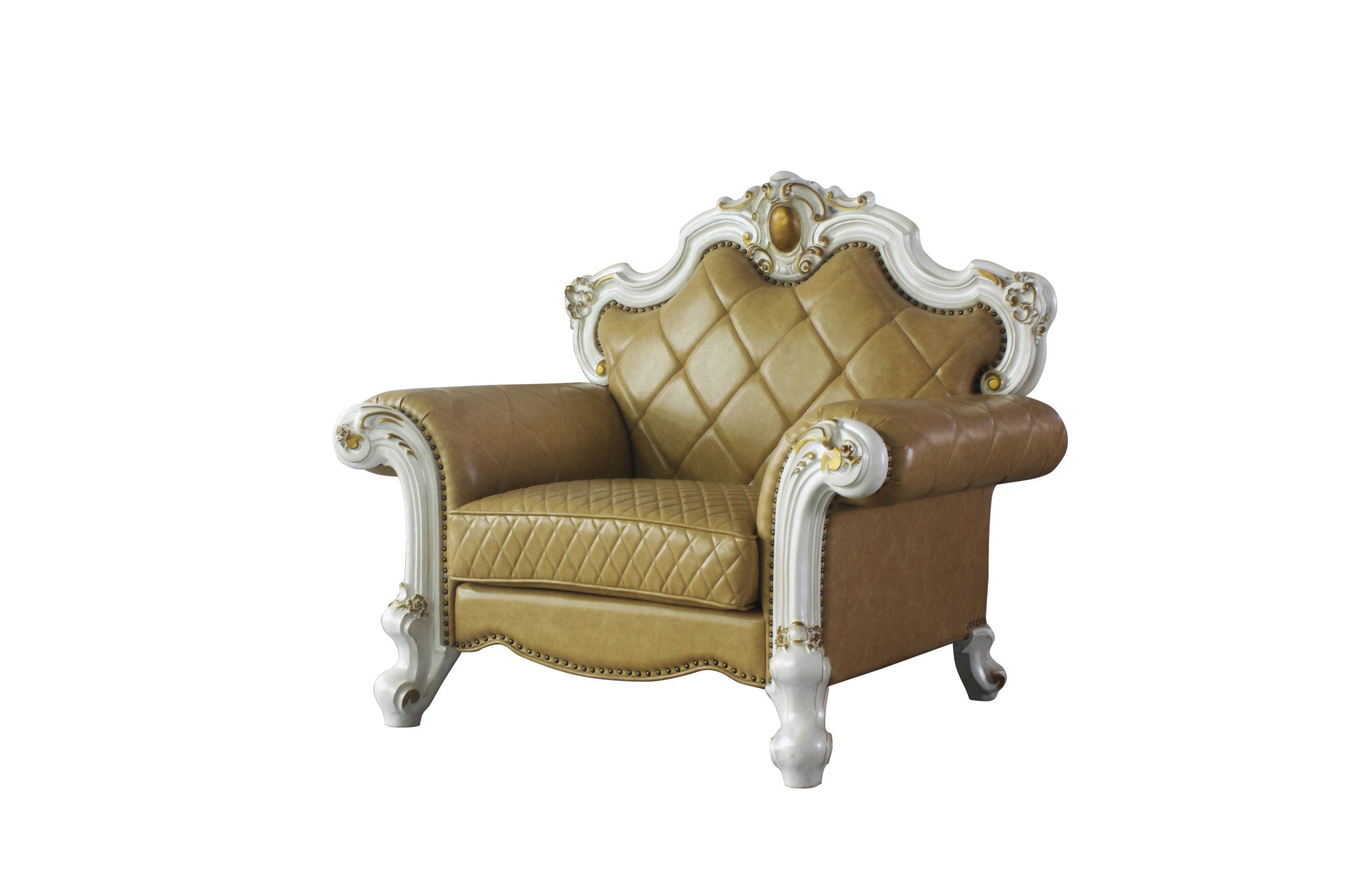 50" Beige and Pearl Faux Leather Tufted Arm Chair And Toss Pillow-1