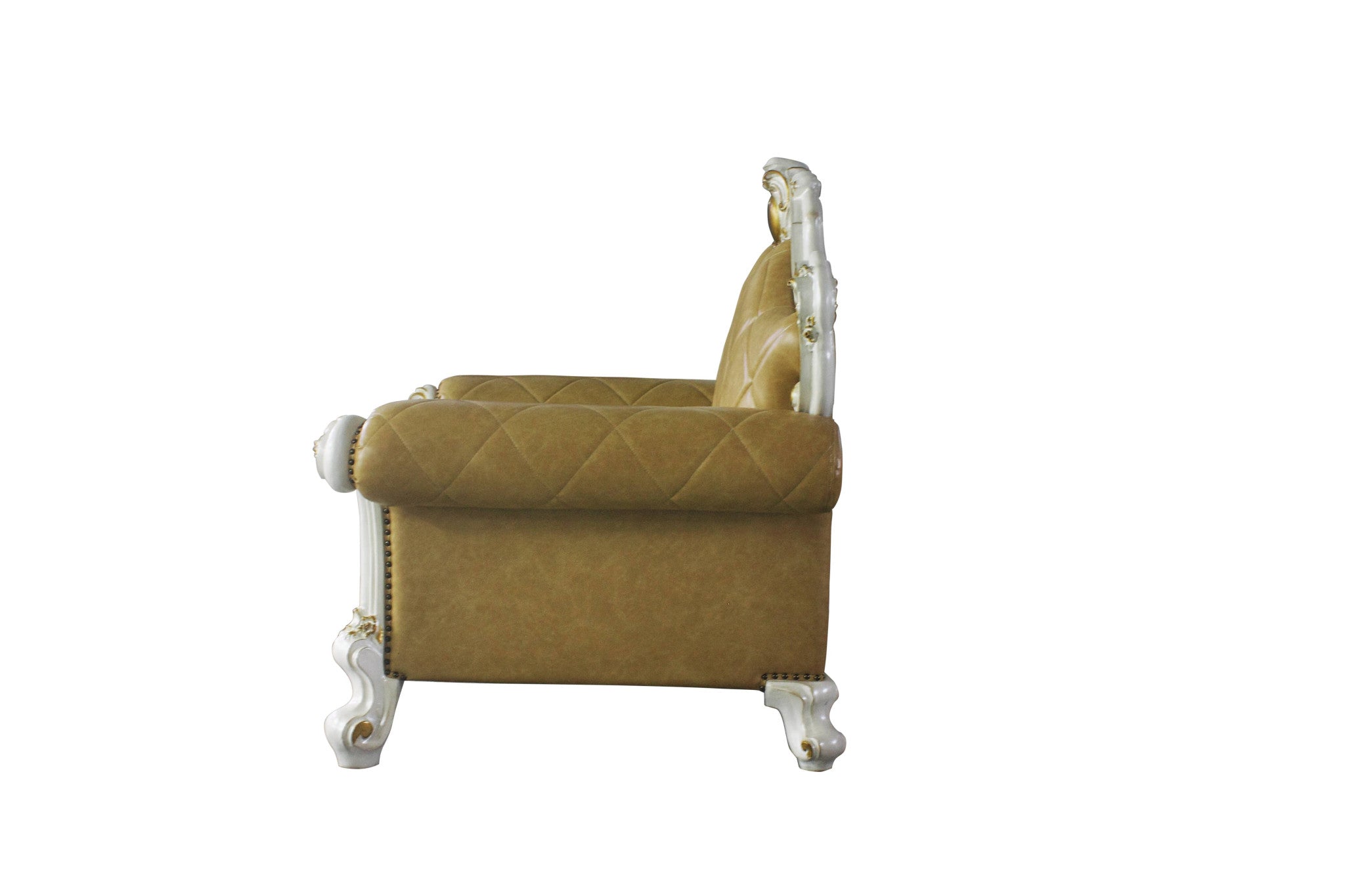 50" Beige and Pearl Faux Leather Tufted Arm Chair And Toss Pillow-0