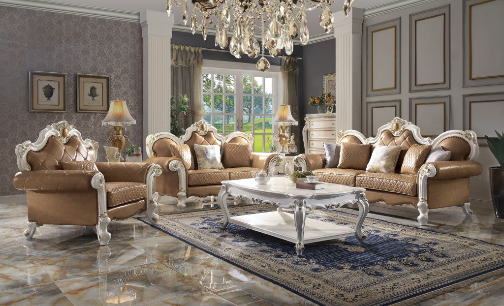 50" Beige and Pearl Faux Leather Tufted Arm Chair And Toss Pillow-4