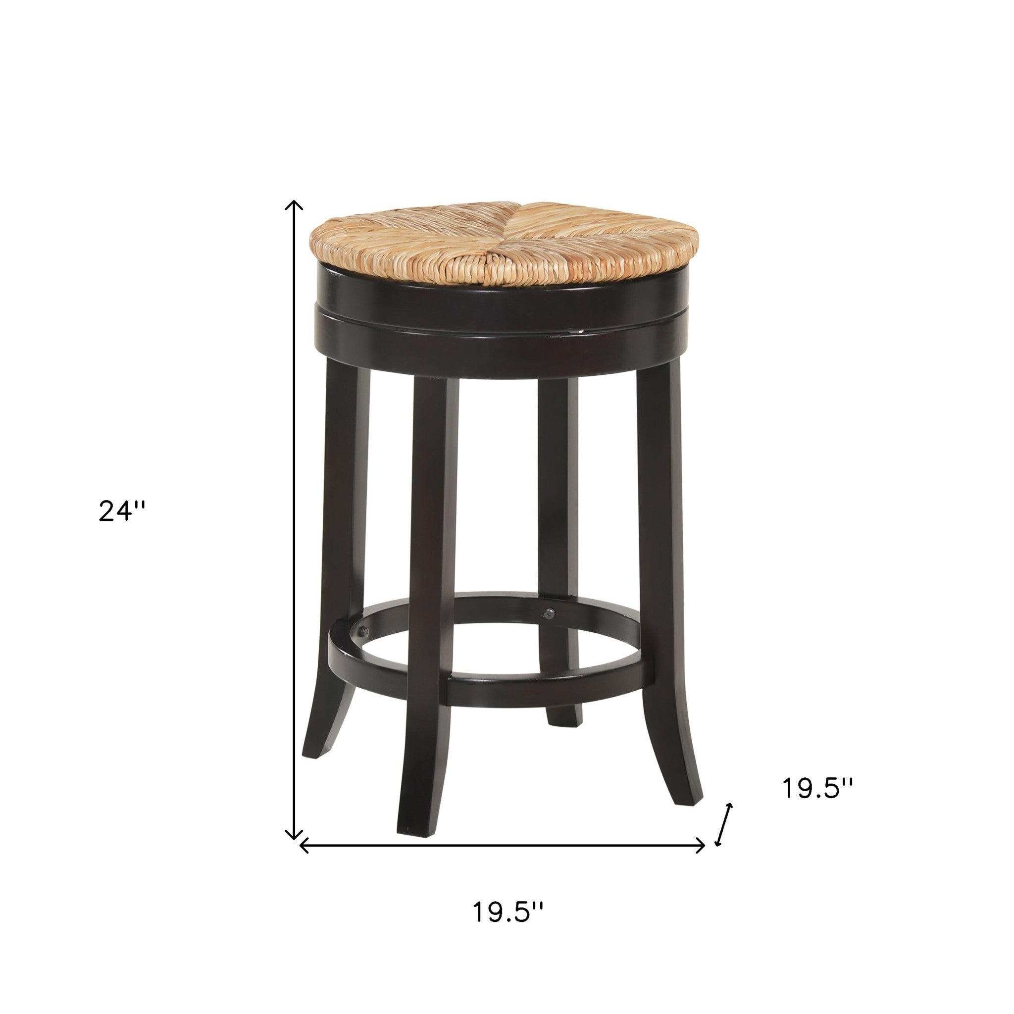 24" Natural and Espresso Rush and Solid Wood Backless Counter Height Swivel Bar Chair-3