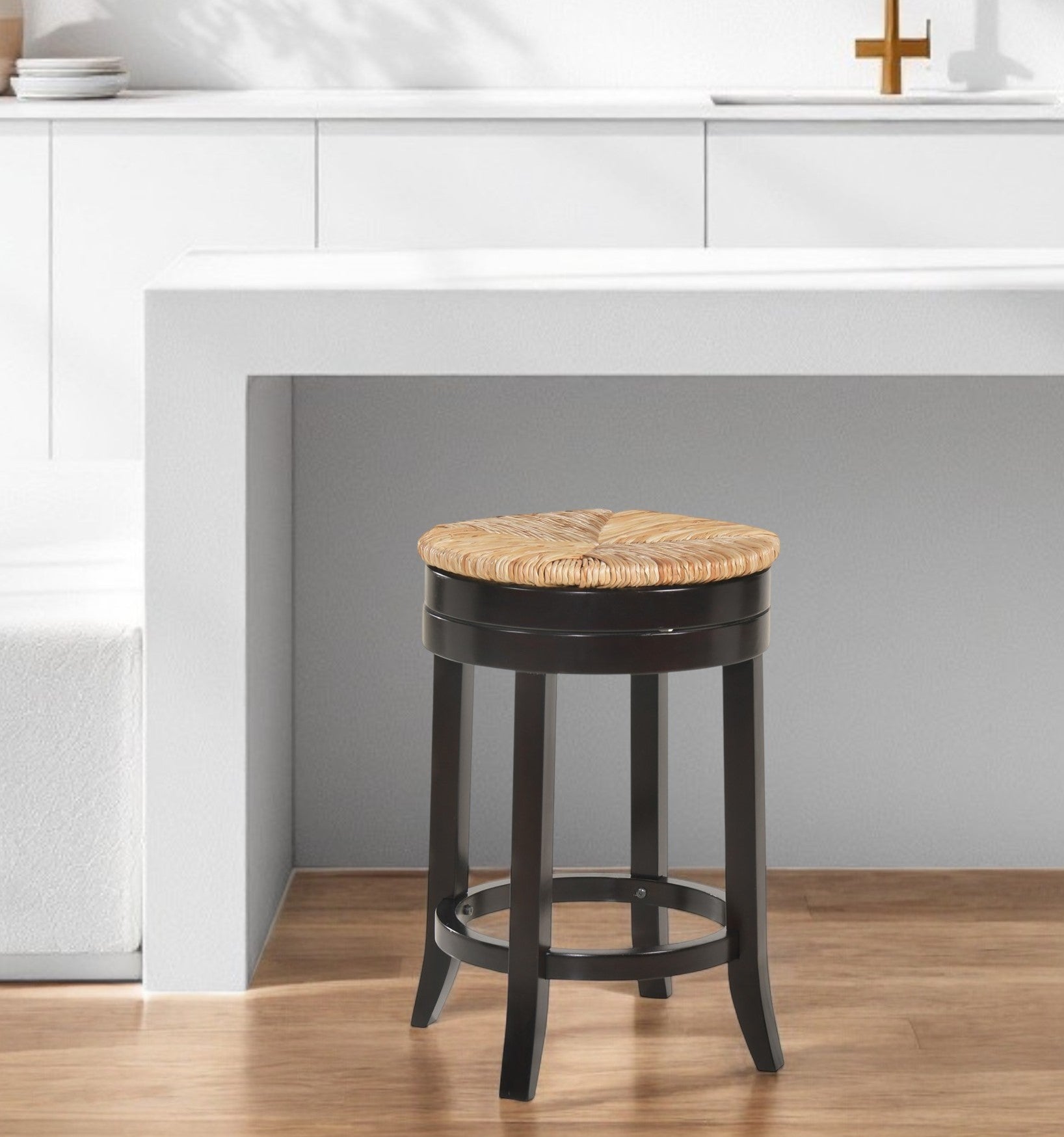 24" Natural and Espresso Rush and Solid Wood Backless Counter Height Swivel Bar Chair-0