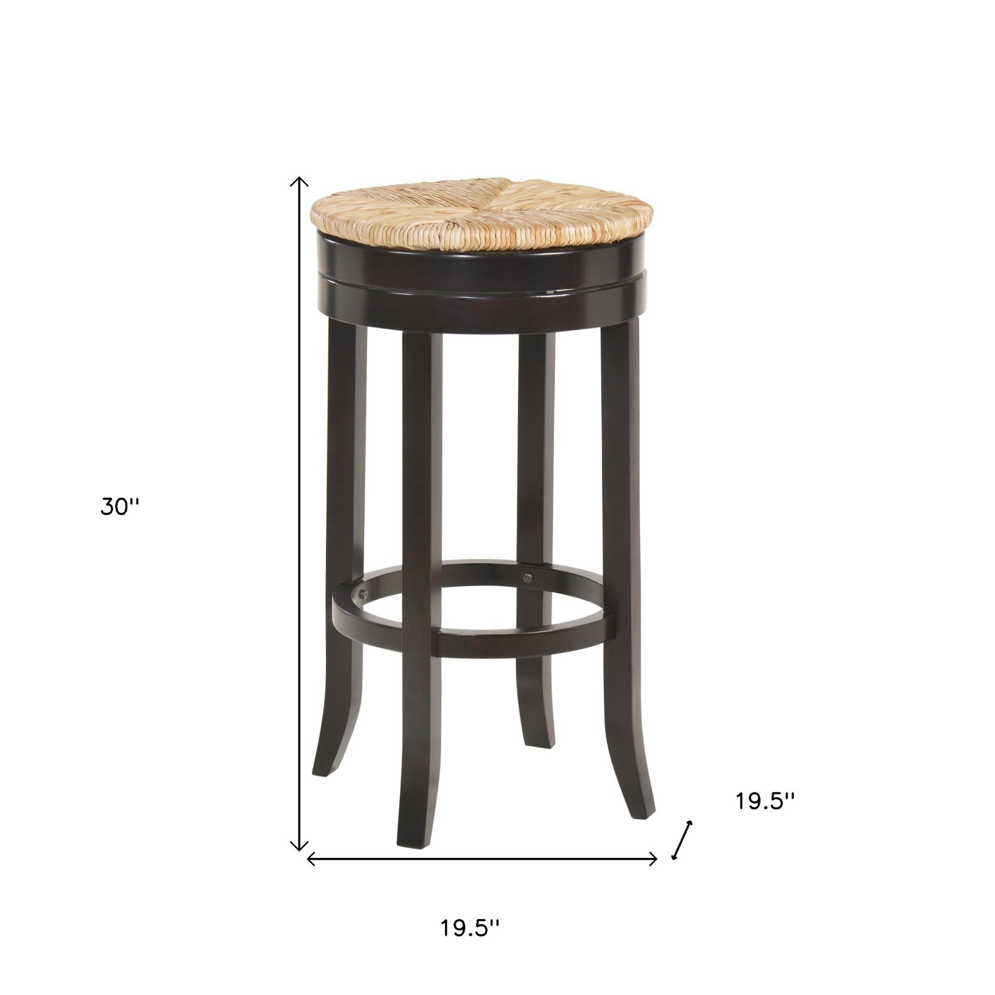 30" Natural and Espresso Rush and Solid Wood Backless Bar Height Swivel Bar Chair-5