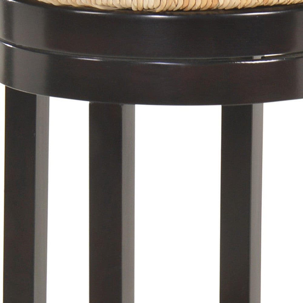 30" Natural and Espresso Rush and Solid Wood Backless Bar Height Swivel Bar Chair-2