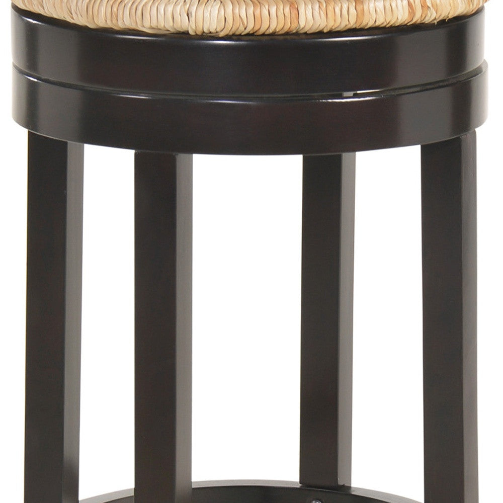 30" Natural and Espresso Rush and Solid Wood Backless Bar Height Swivel Bar Chair-4