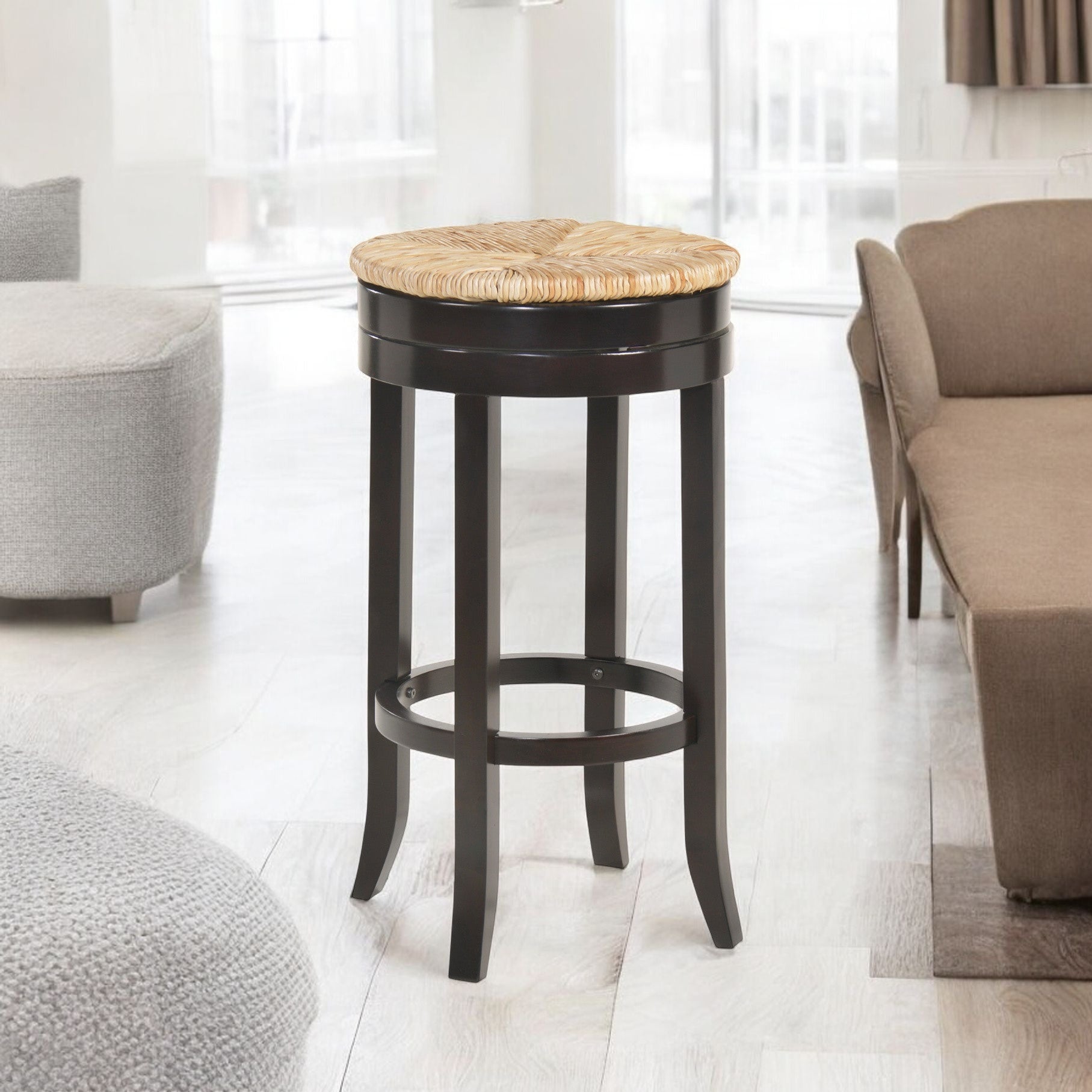 30" Natural and Espresso Rush and Solid Wood Backless Bar Height Swivel Bar Chair-3