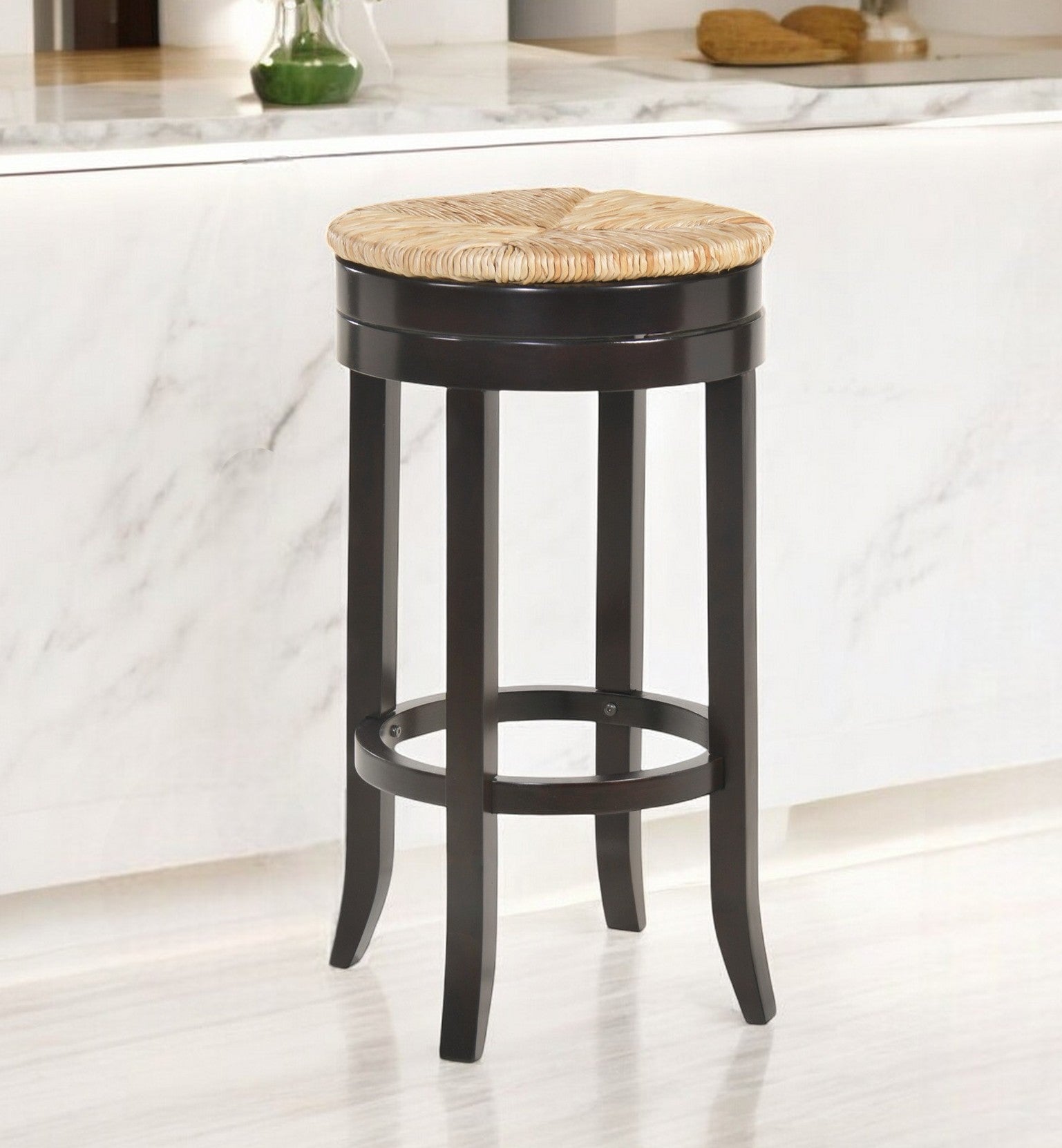 30" Natural and Espresso Rush and Solid Wood Backless Bar Height Swivel Bar Chair-0