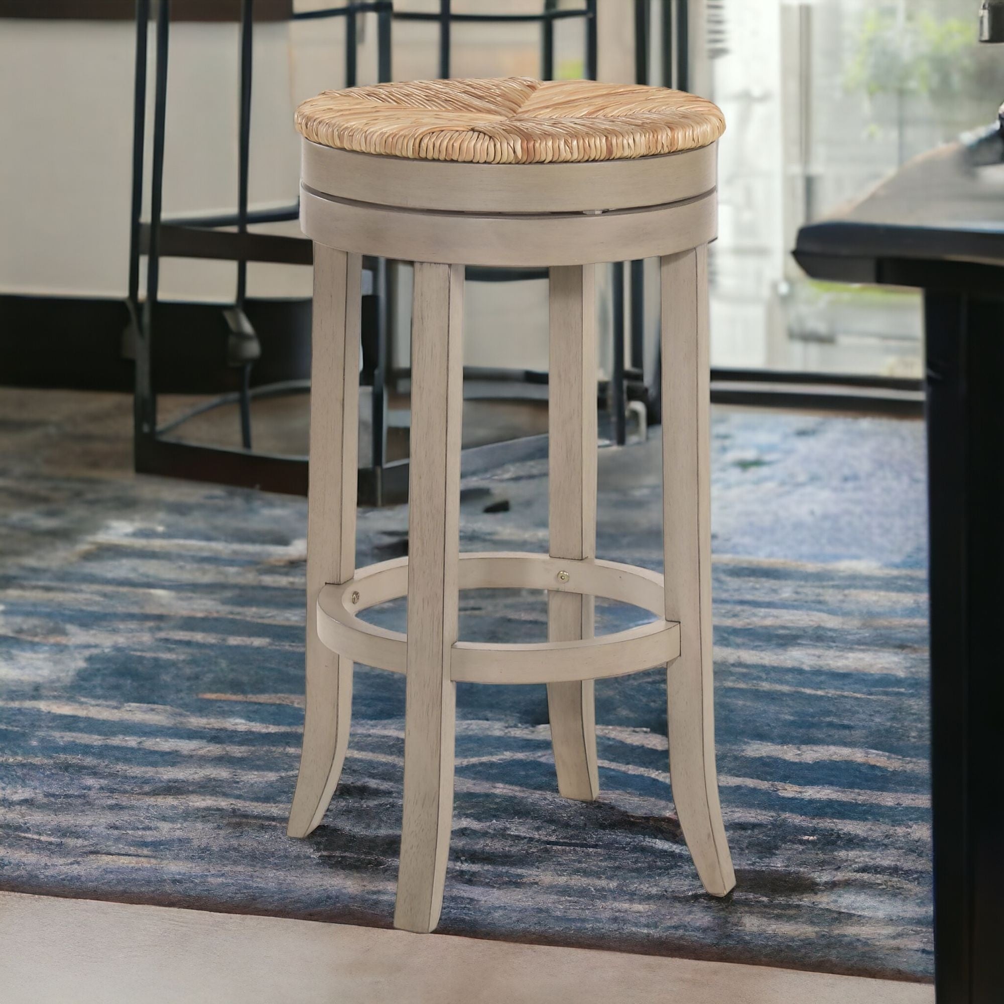 30" Natural And Gray Solid Wood Swivel Backless Bar Height Bar Chair-1