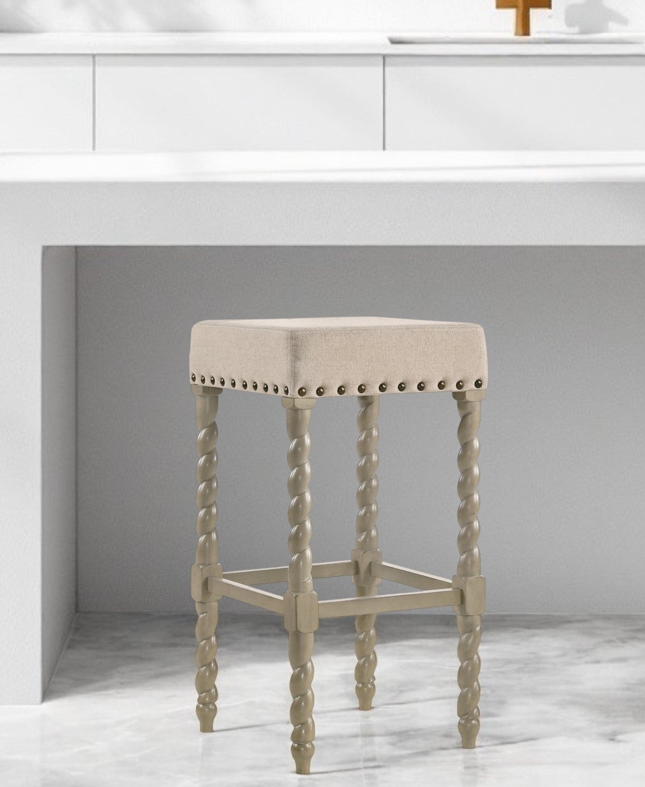 30" Cream And Gray Solid Wood Backless Bar Height Bar Chair-0