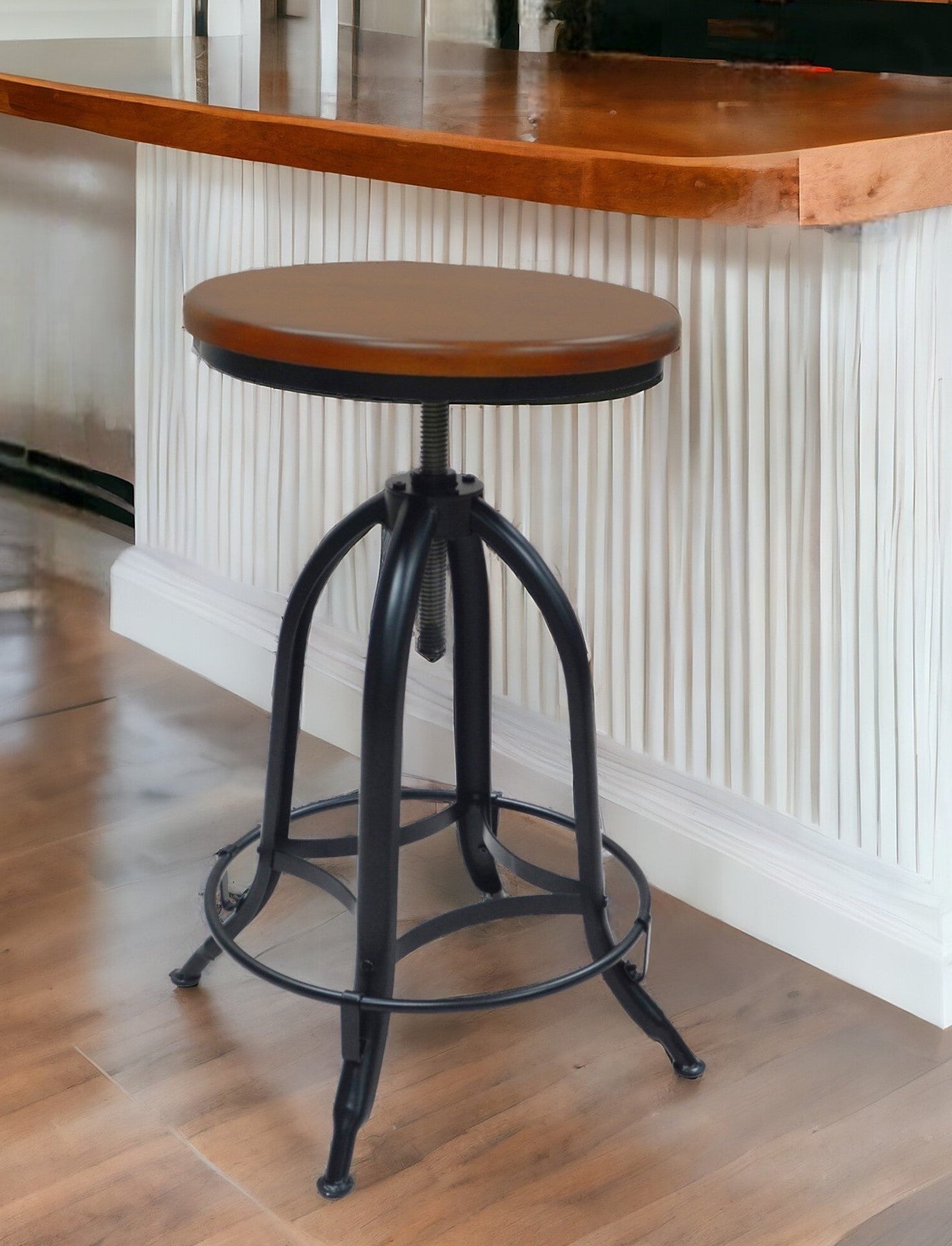 23" Chestnut And Black Steel Swivel Backless Adjustable Height Bar Chair-1