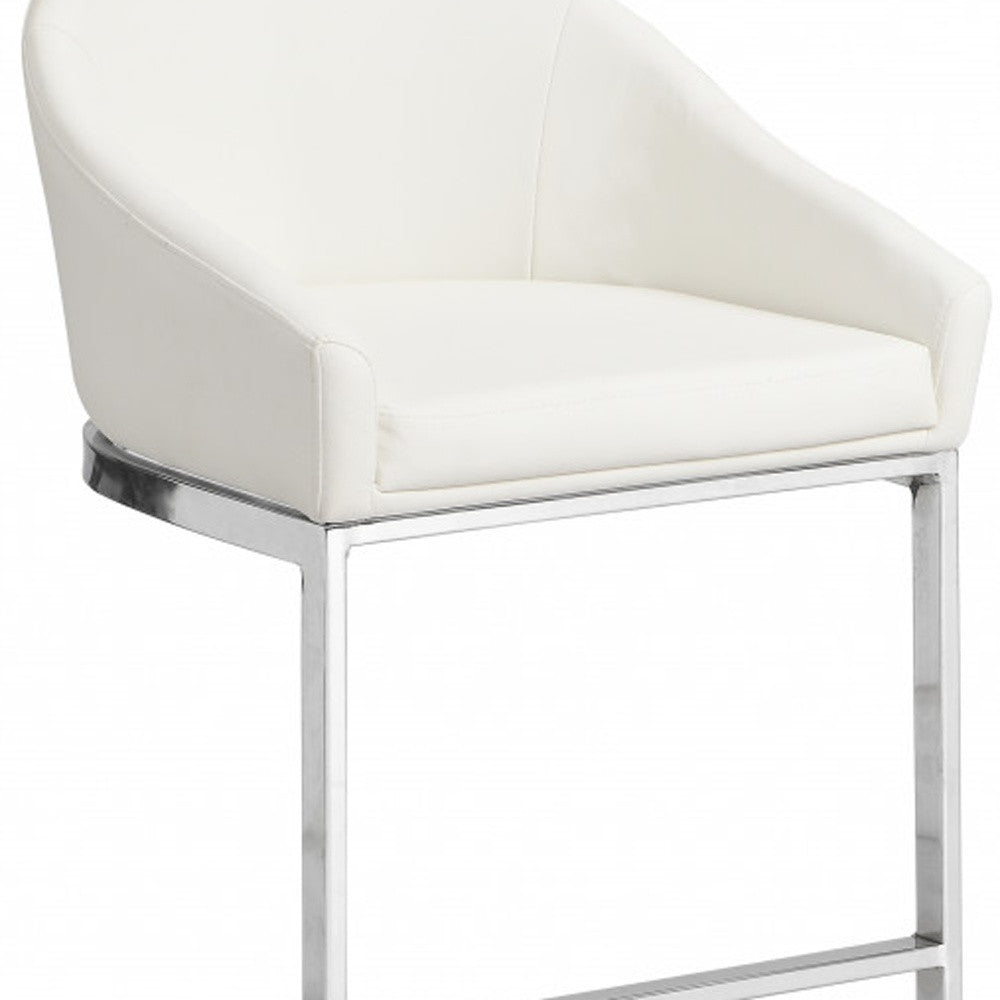 35" White and Silver Faux Leather and Steel Low Back Bar Height Bar Chair-2