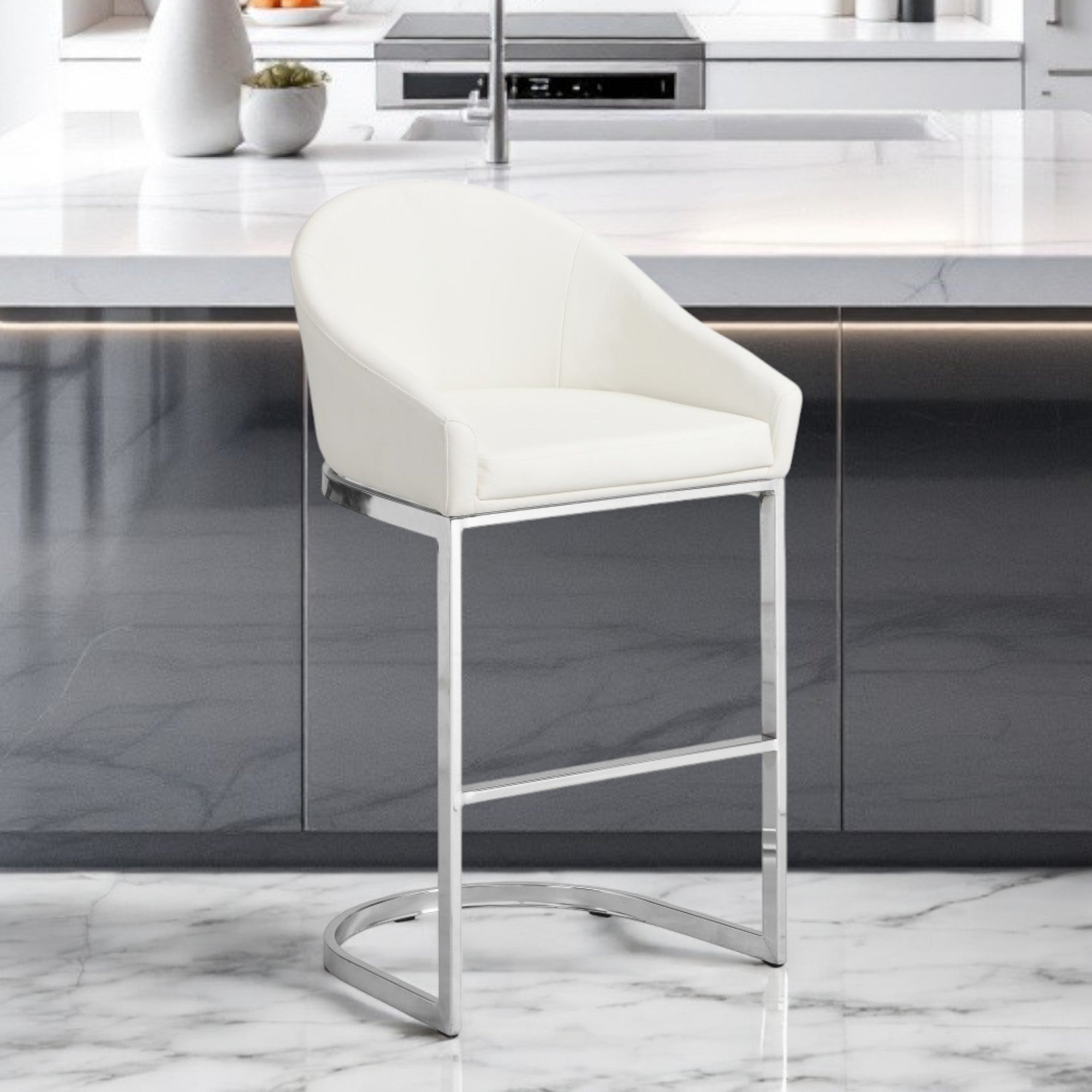 35" White and Silver Faux Leather and Steel Low Back Bar Height Bar Chair-0