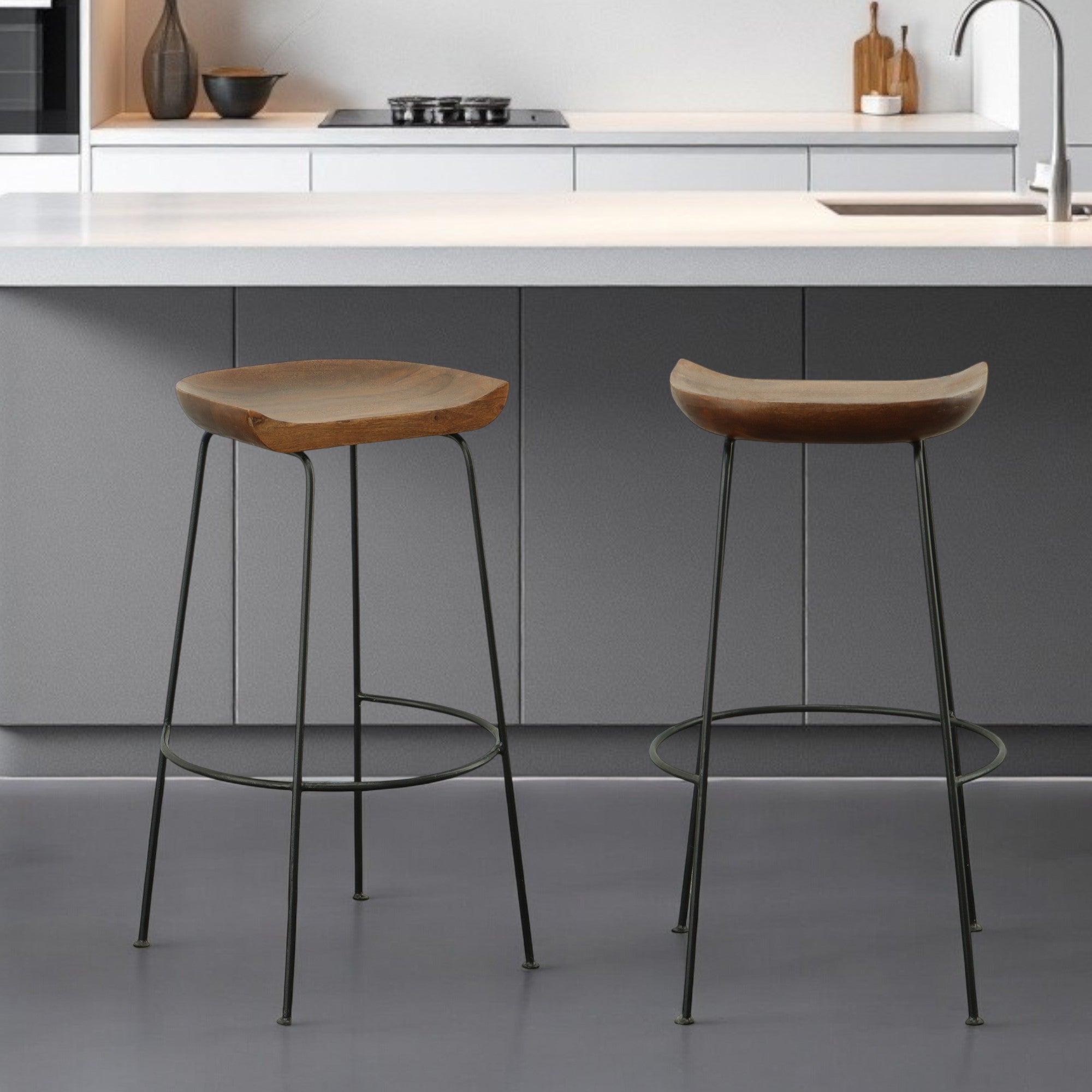 Set of Two 31" Chestnut and Black Solid Wood and Steel Backless Bar Height Bar Chairs-0