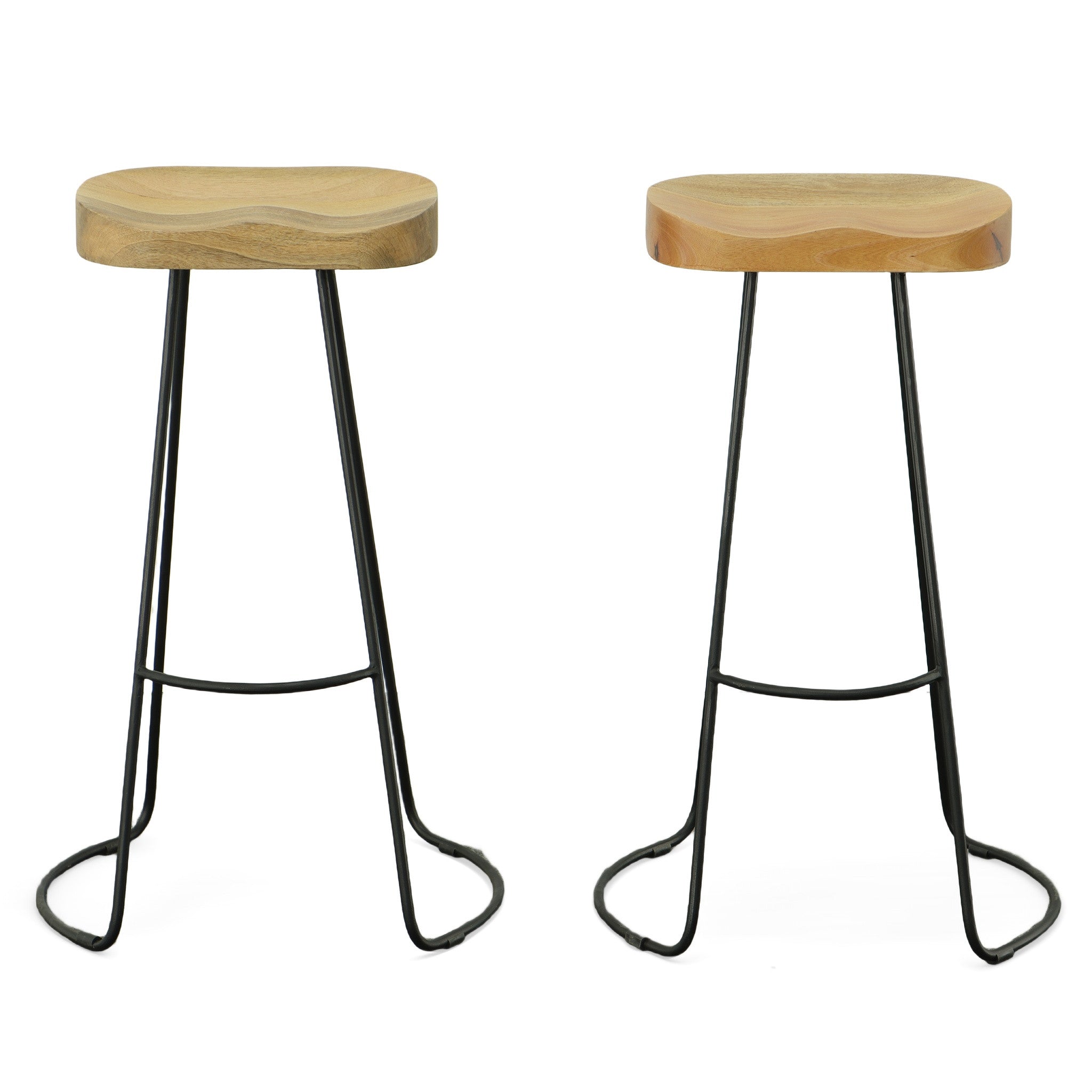 Set of Two 31" Natural and Black Solid Wood and Steel Backless Bar Height Bar Chairs-1