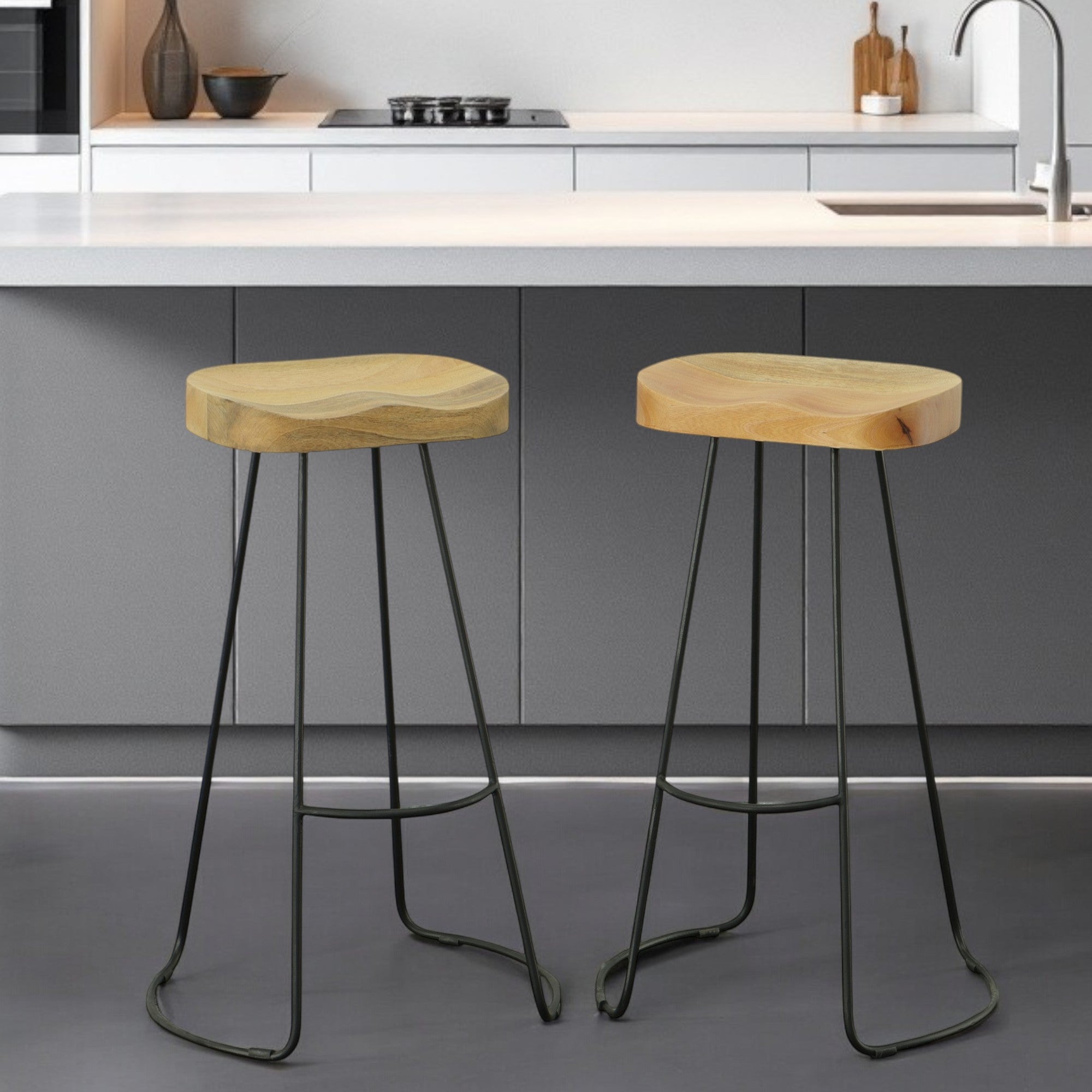 Set of Two 31" Natural and Black Solid Wood and Steel Backless Bar Height Bar Chairs-0