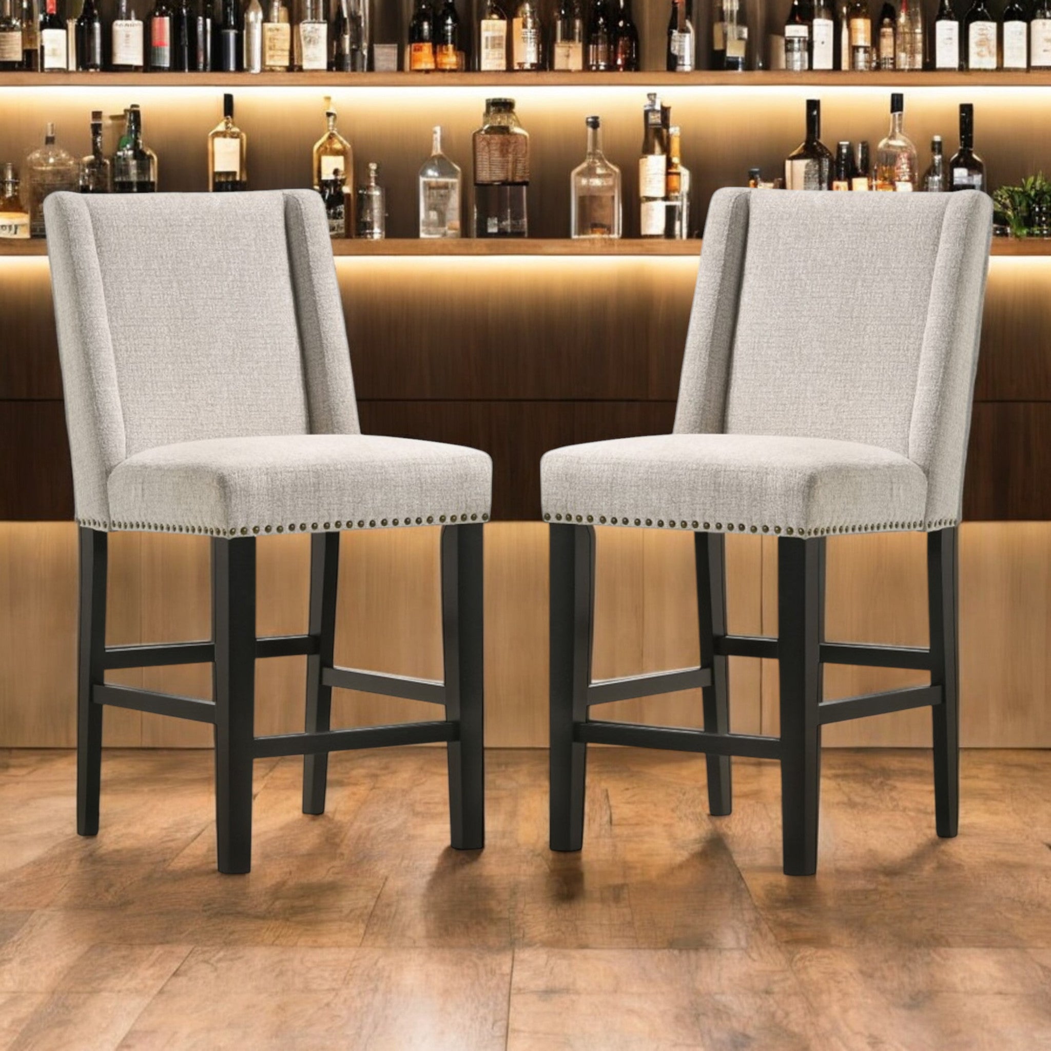 Set of Two 42" Fawn and Espresso Iron Bar Chairs-0