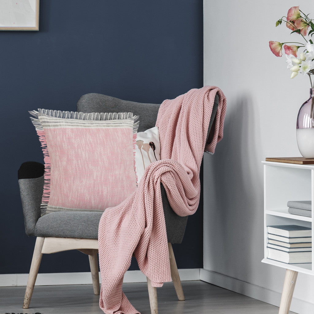 20" X 20" Pink Gray And White 100% Cotton Striped Zippered Pillow-5