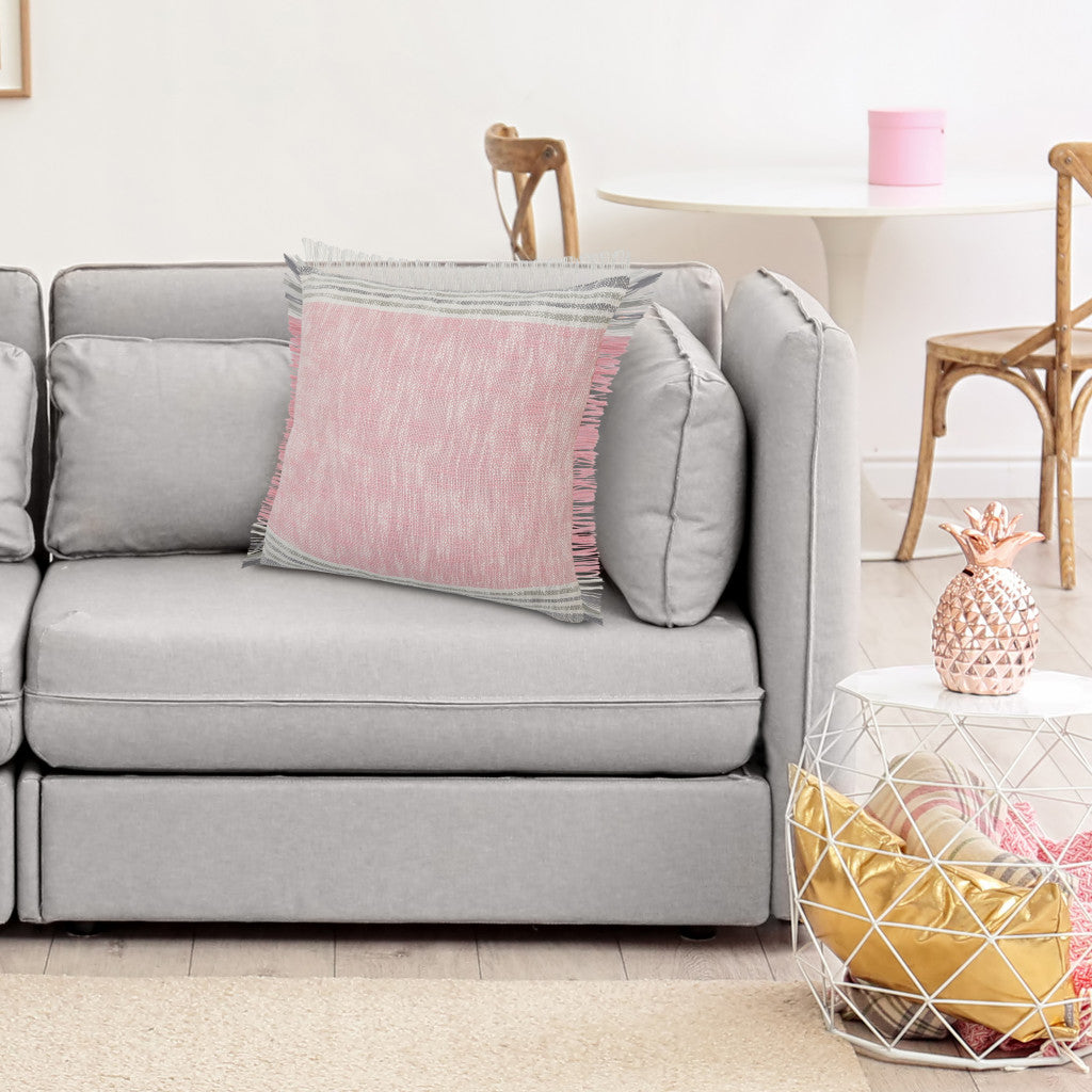 20" X 20" Pink Gray And White 100% Cotton Striped Zippered Pillow-6