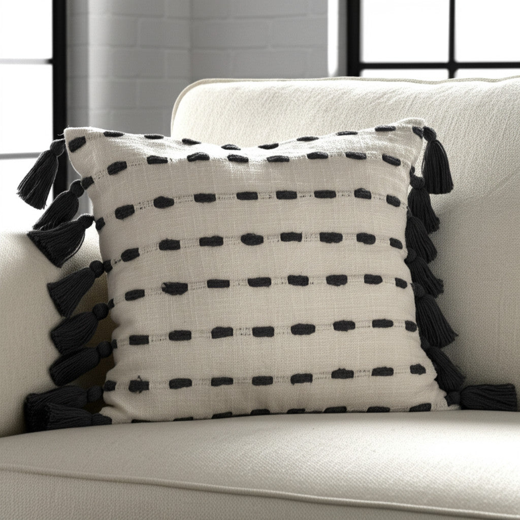 20" Black And Cream Cotton Geometric Throw Pillow with Tassels-0