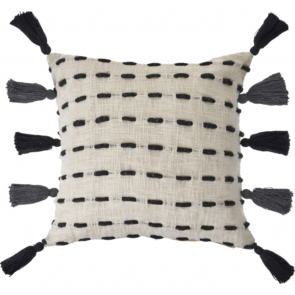 20" Black And Cream Cotton Geometric Throw Pillow with Tassels-1
