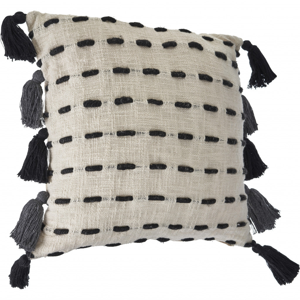 20" Black And Cream Cotton Geometric Throw Pillow with Tassels-2