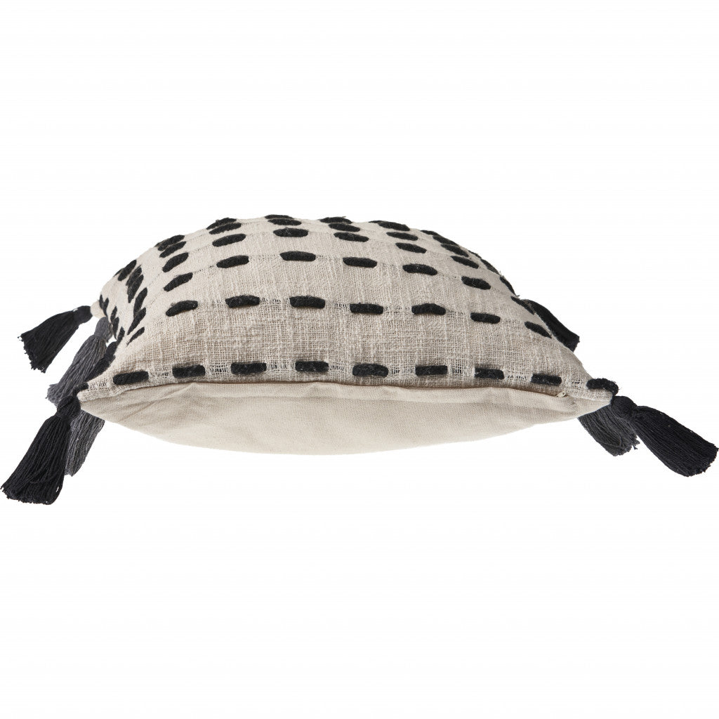 20" Black And Cream Cotton Geometric Throw Pillow with Tassels-3