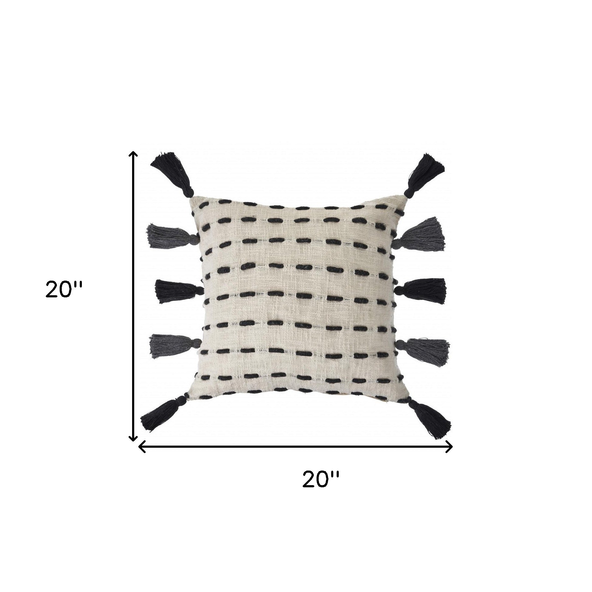 20" Black And Cream Cotton Geometric Throw Pillow with Tassels-8