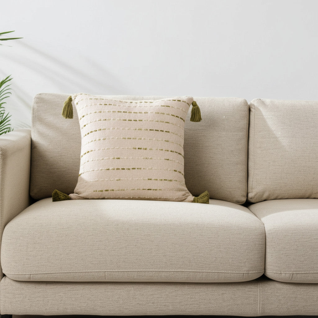 20" Olive Green And Ivory Cotton Striped Throw Pillow with Tassels-0