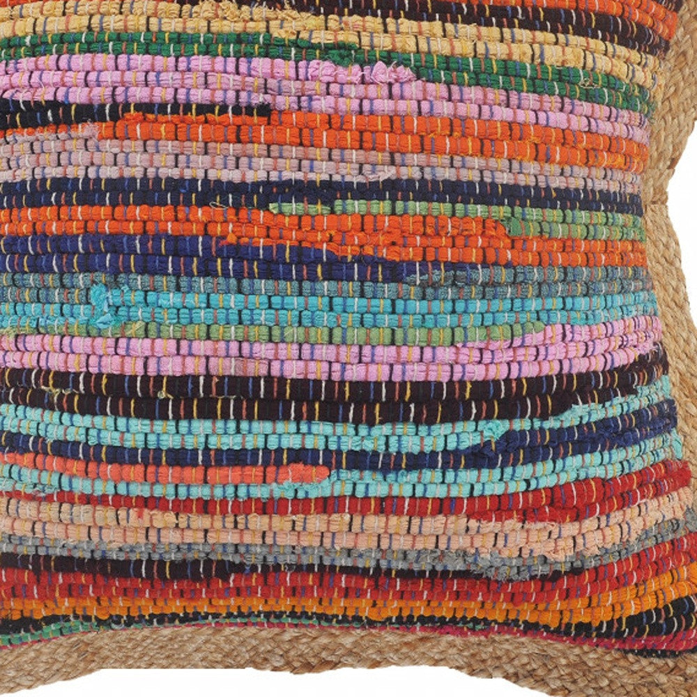 20" Tan Orange and Blue Striped Cotton and Jute Throw Pillow-8