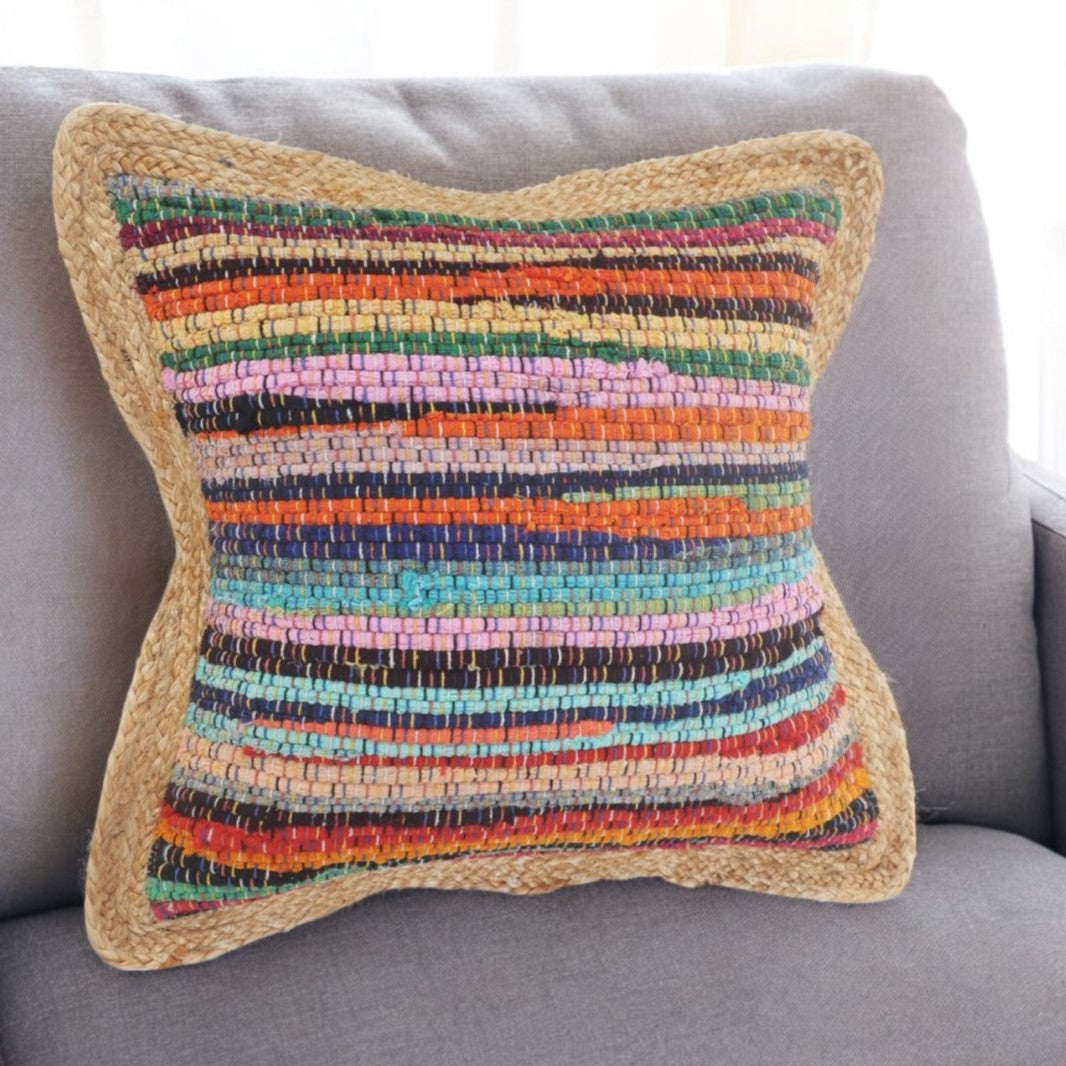 20" Tan Orange and Blue Striped Cotton and Jute Throw Pillow-0