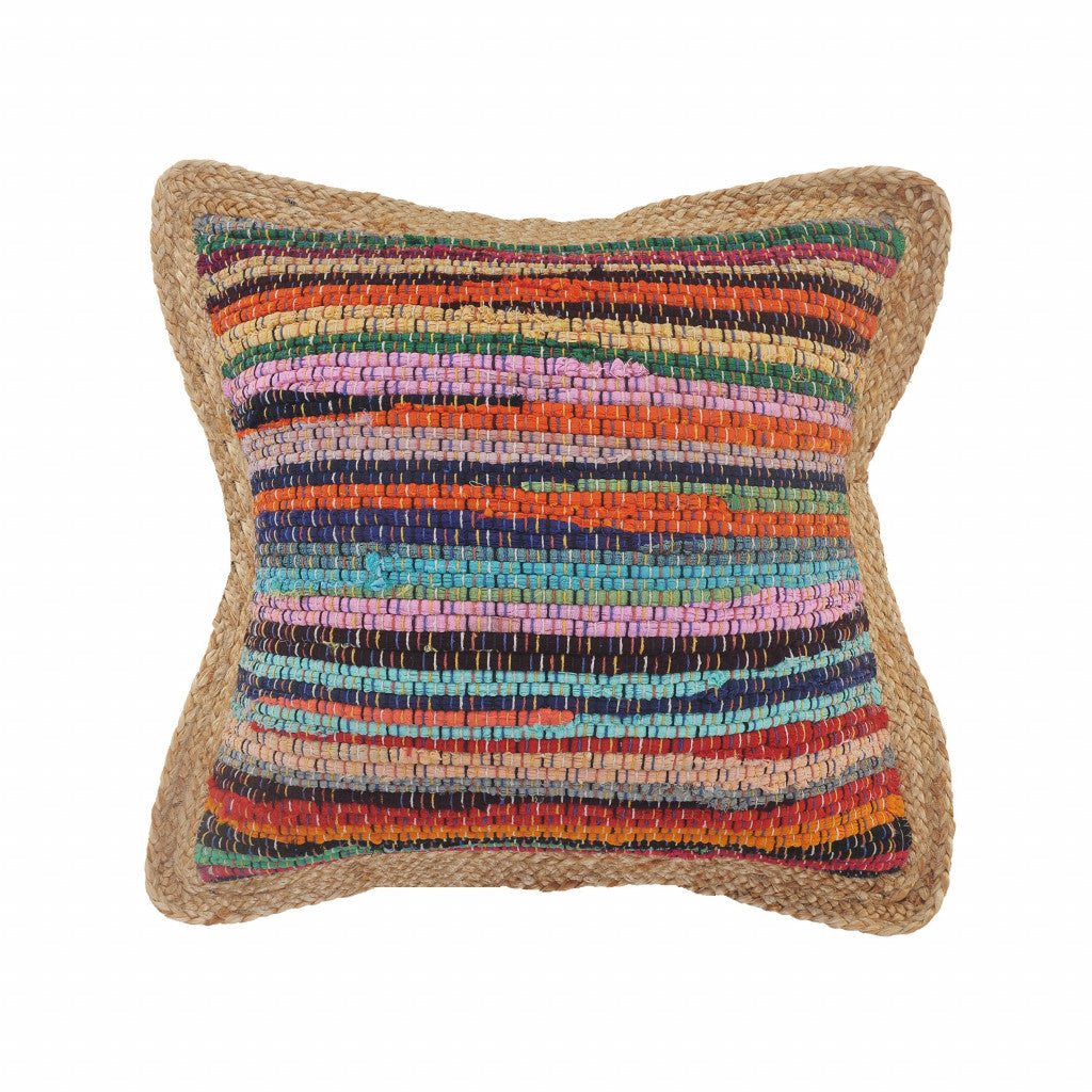 20" Tan Orange and Blue Striped Cotton and Jute Throw Pillow-1