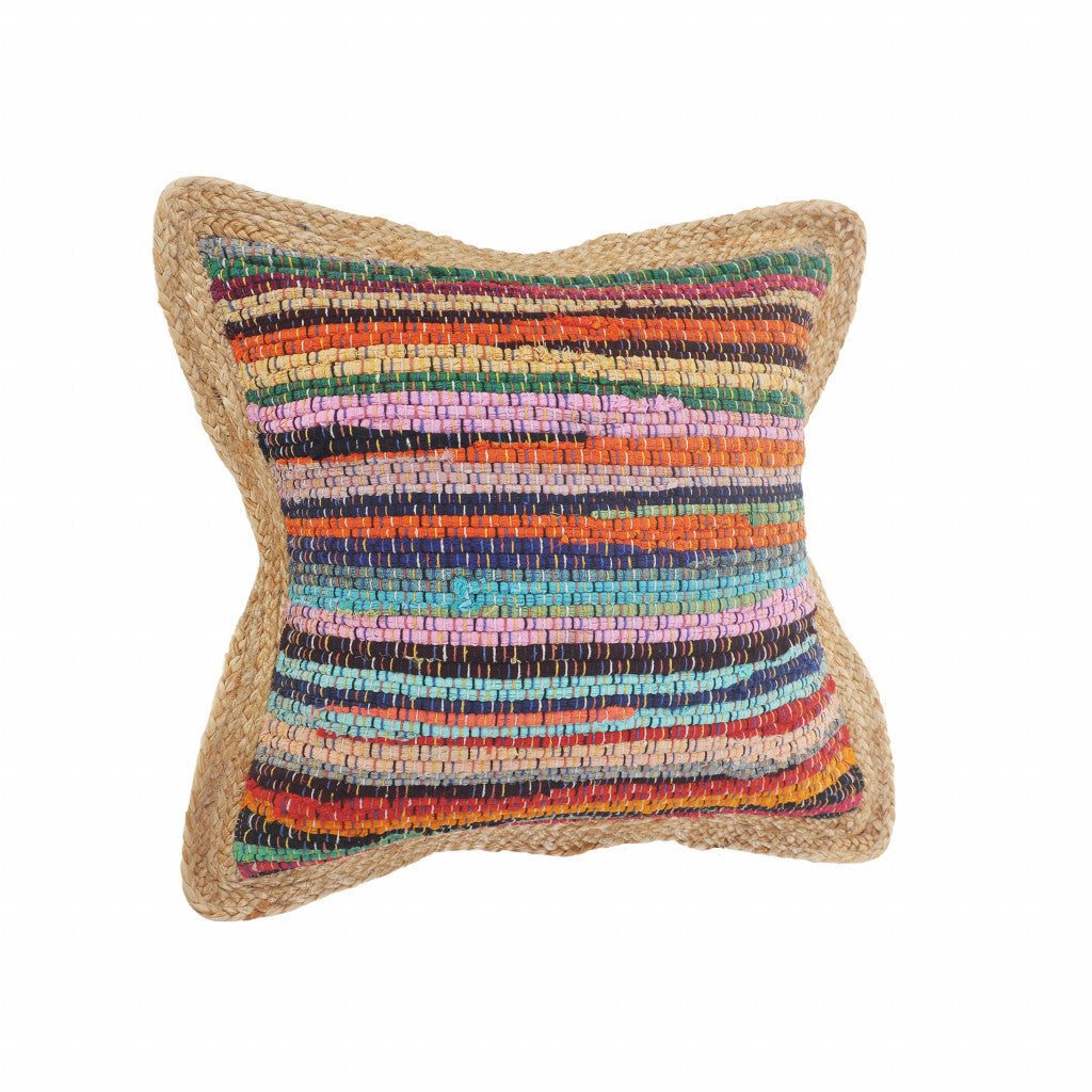 20" Tan Orange and Blue Striped Cotton and Jute Throw Pillow-3