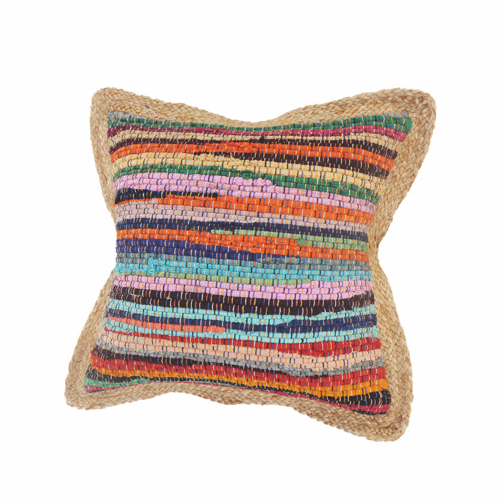 20" Tan Orange and Blue Striped Cotton and Jute Throw Pillow-4