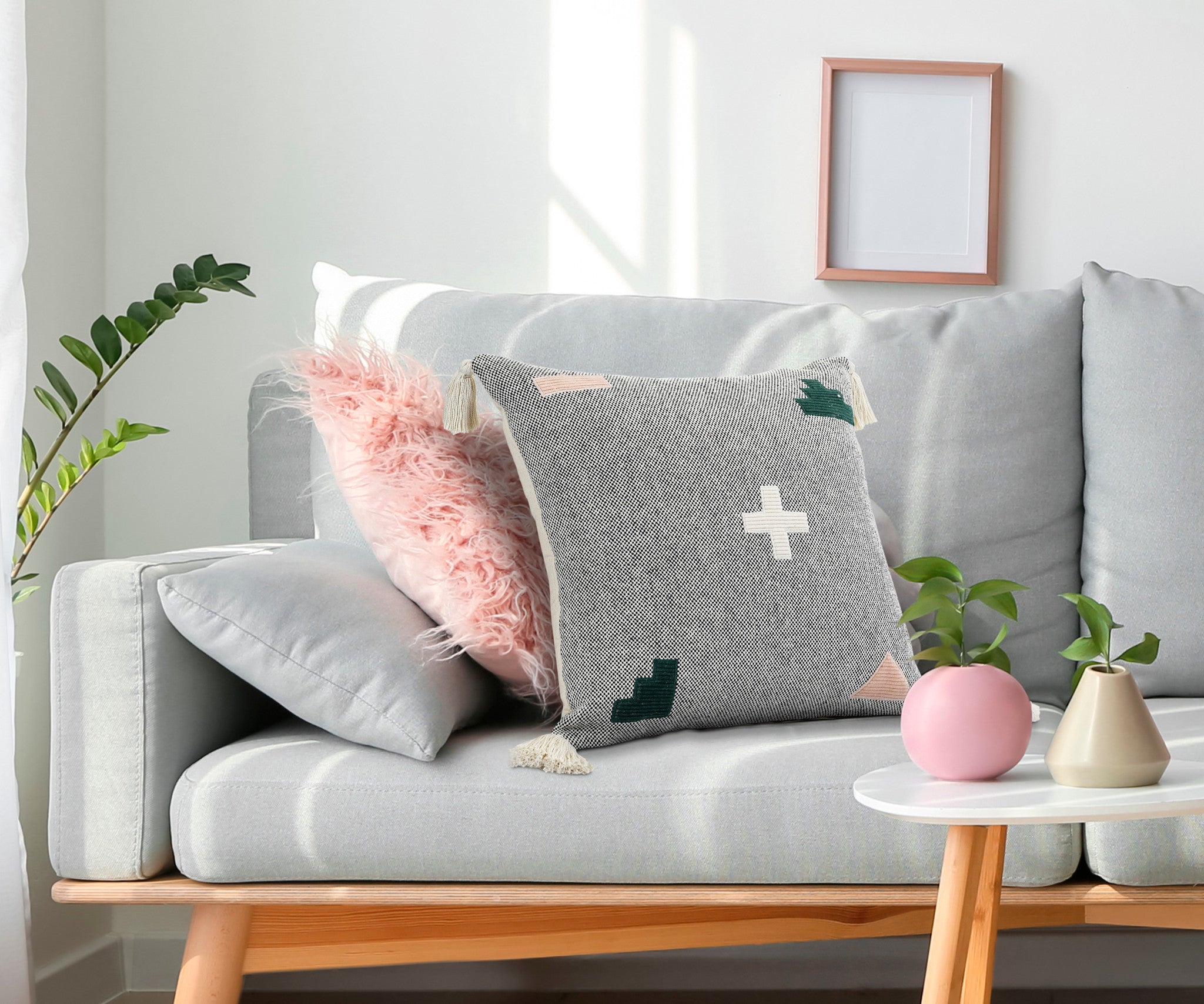 20" X 20" Black Off-White Pink And Green 100% Cotton Geometric Zippered Pillow-8