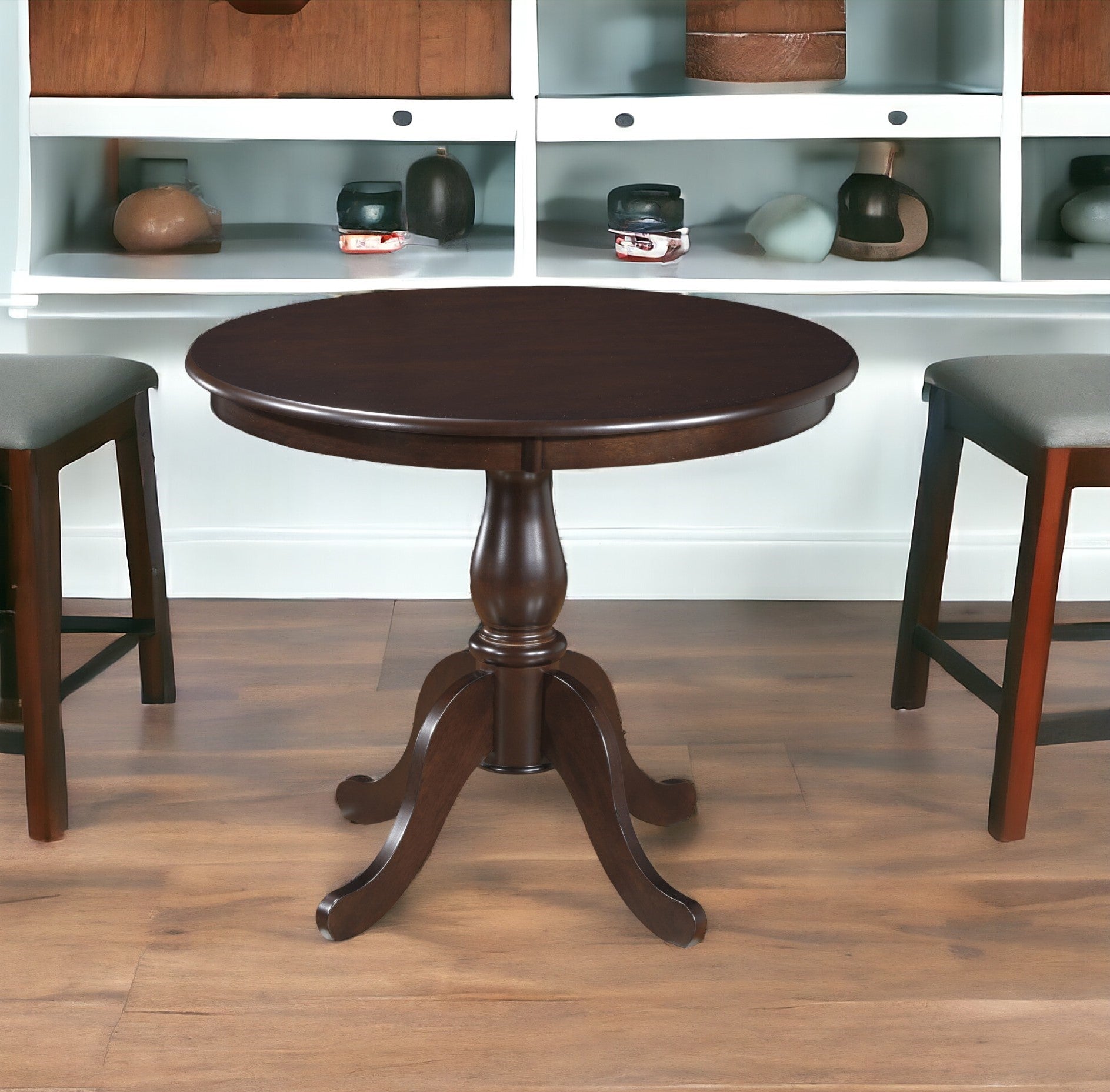 36" Espresso Rounded Solid Manufactured Wood And Solid Wood Pedestal Base Dining Table-0