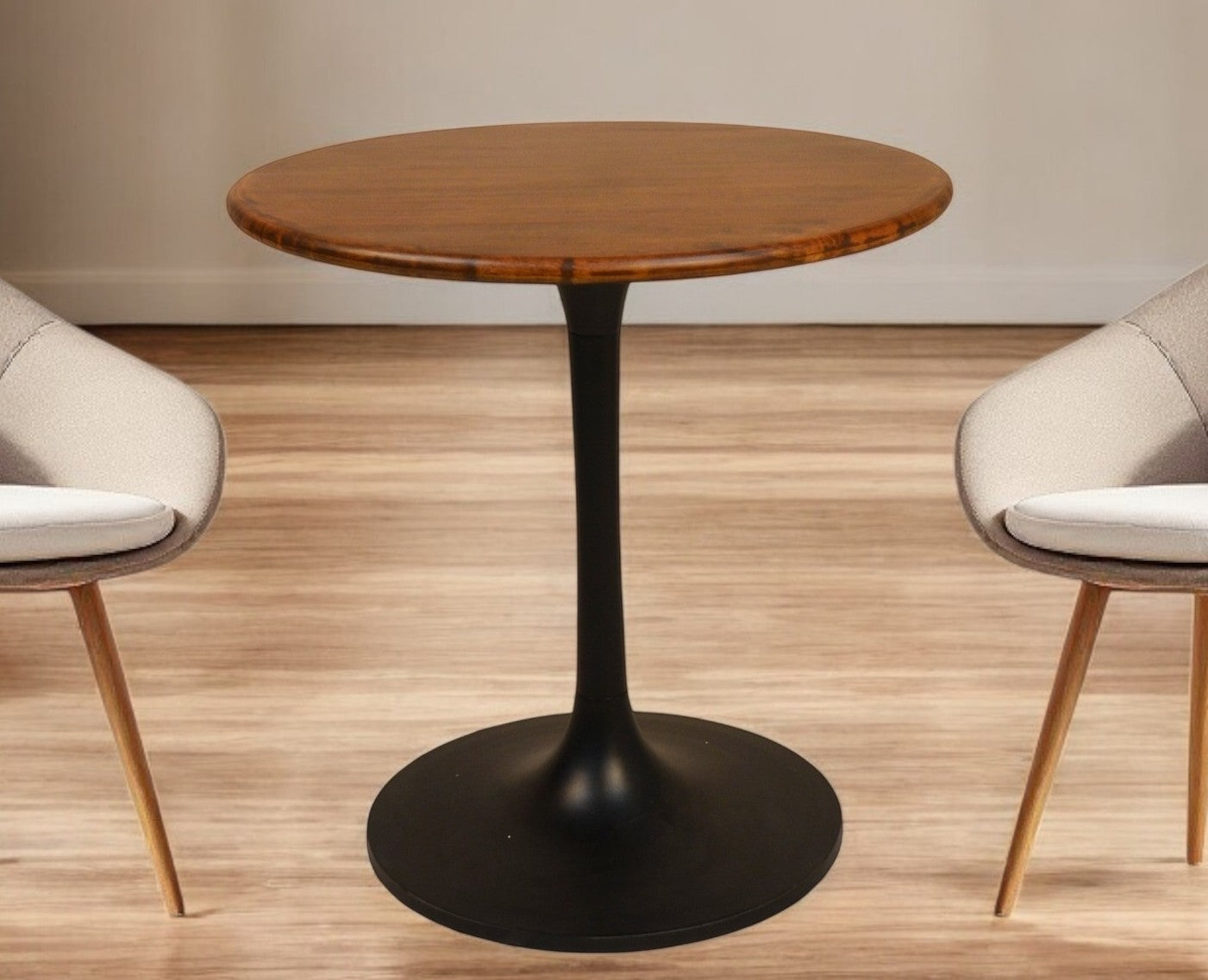 30" Brown And Black Rounded Solid Wood And Iron Pedestal Base Dining Table-0