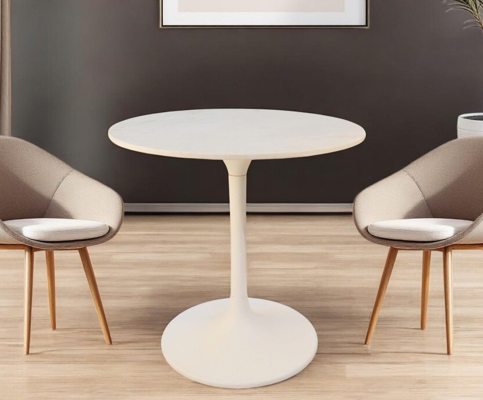 30" White Rounded Marble And Iron Pedestal Base Dining Table-0