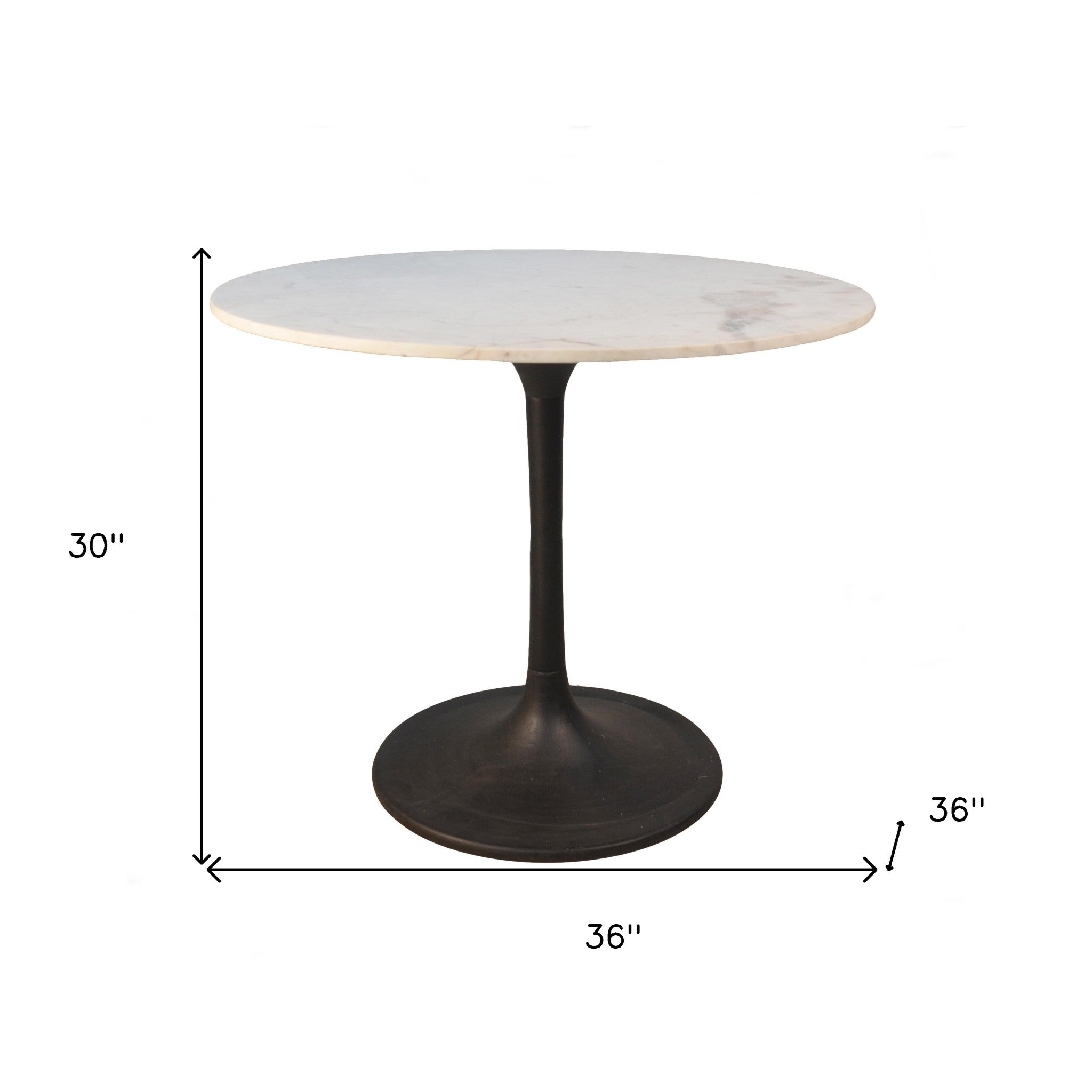 36" White And Black Rounded Marble And Iron Pedestal Base Dining Table-3