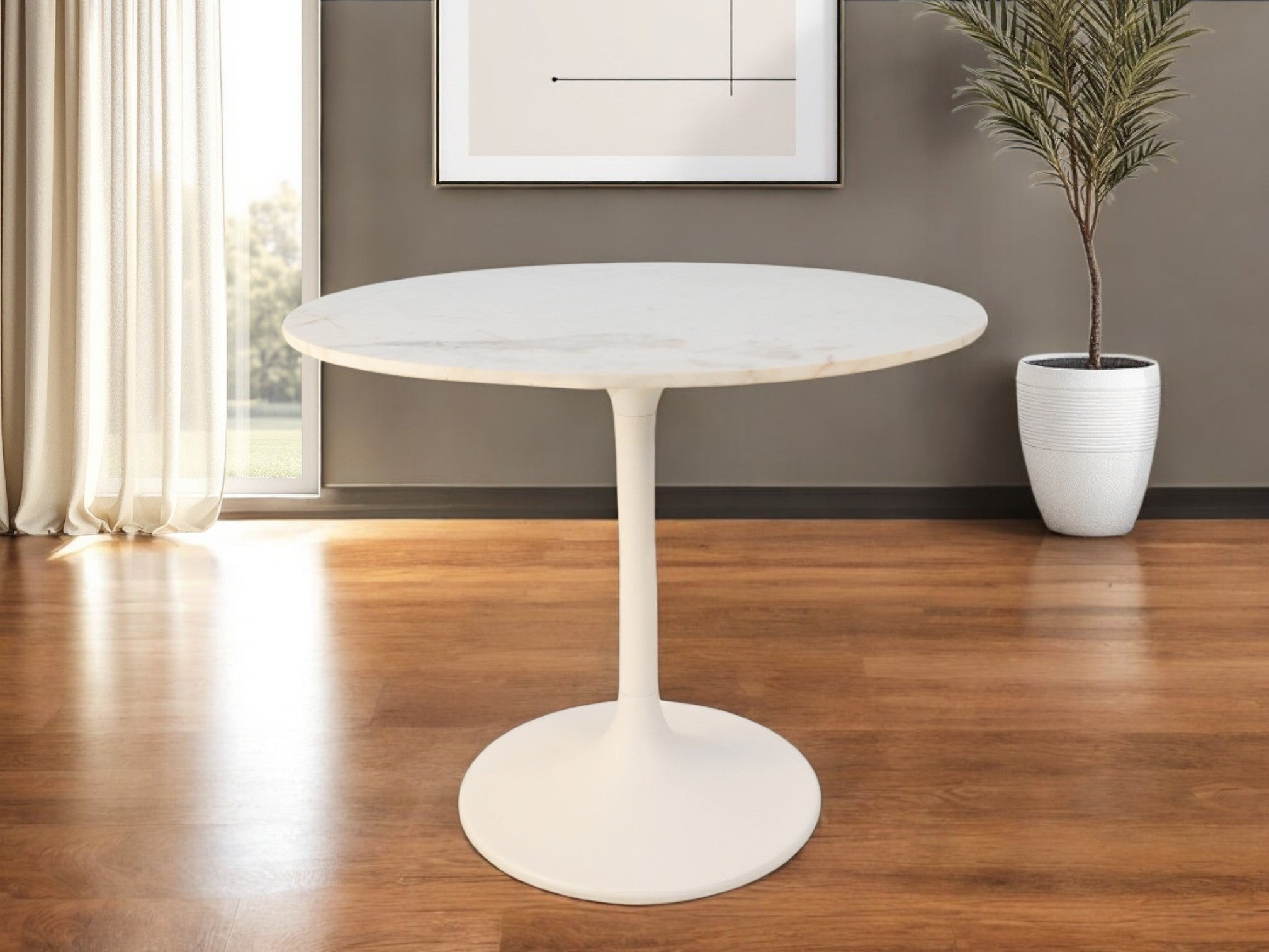 36" White Rounded Marble And Iron Pedestal Base Dining Table-0