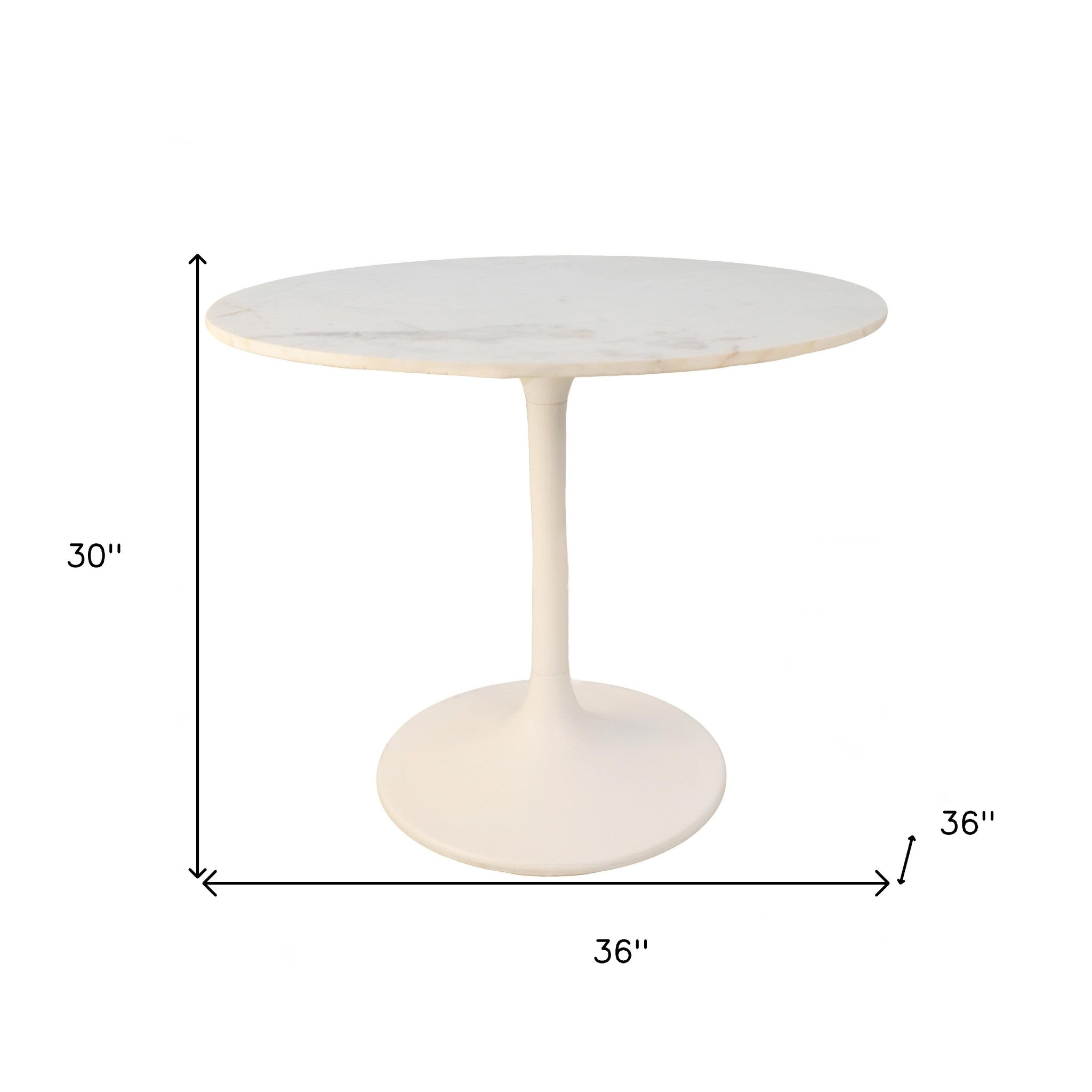 36" White Rounded Marble And Iron Pedestal Base Dining Table-3