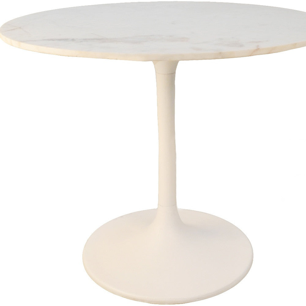 36" White Rounded Marble And Iron Pedestal Base Dining Table-2