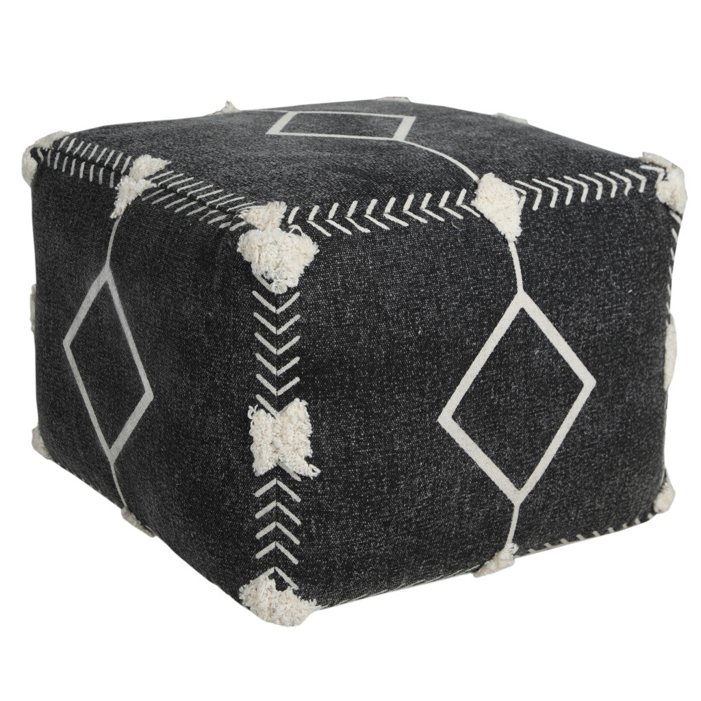 18" Black Cotton Geometric Pouf Ottoman-2