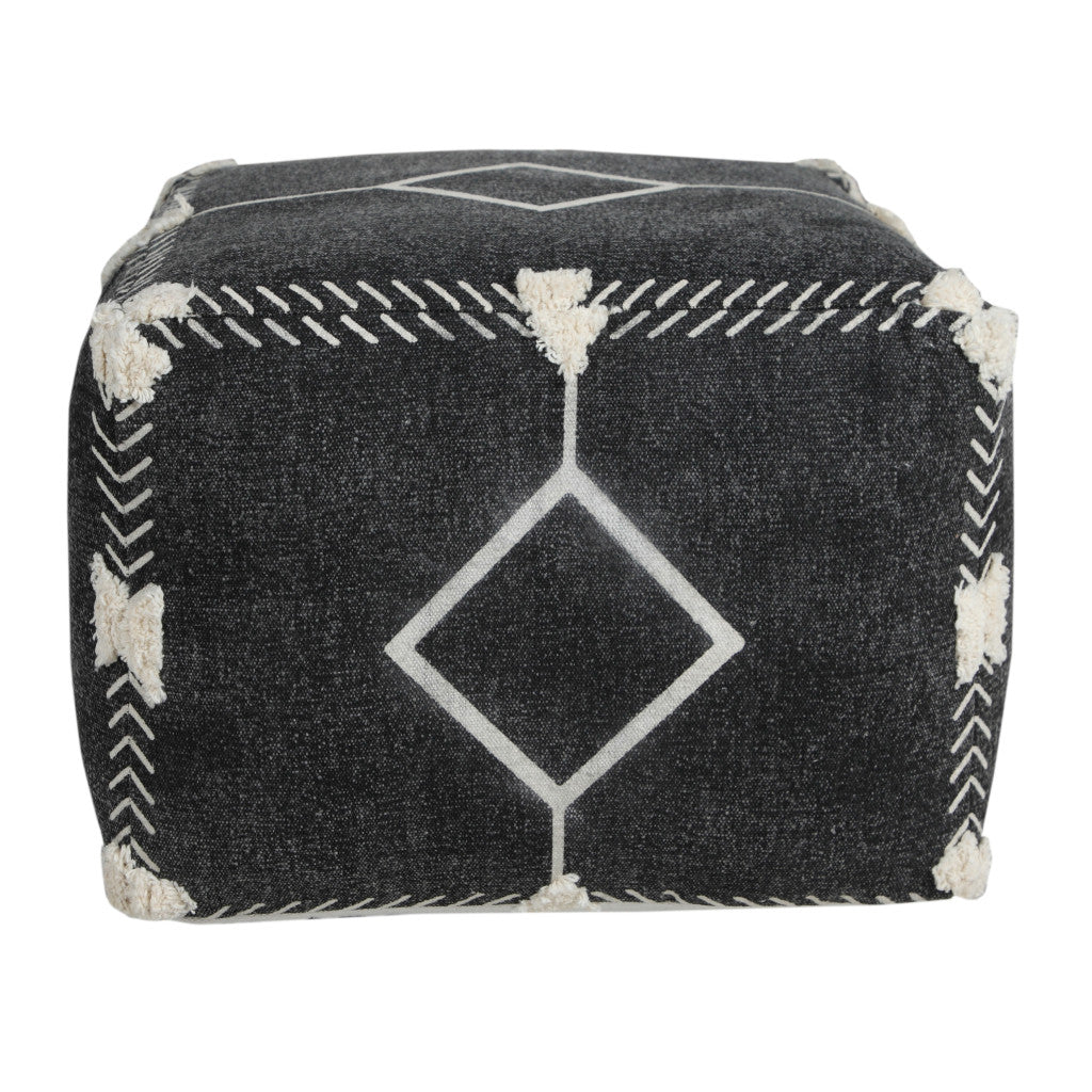 18" Black Cotton Geometric Pouf Ottoman-1
