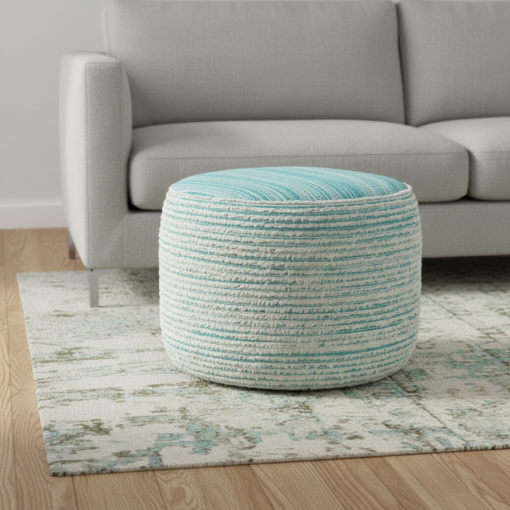 18" Blue Fabric Cylinder Striped Pouf Ottoman-0