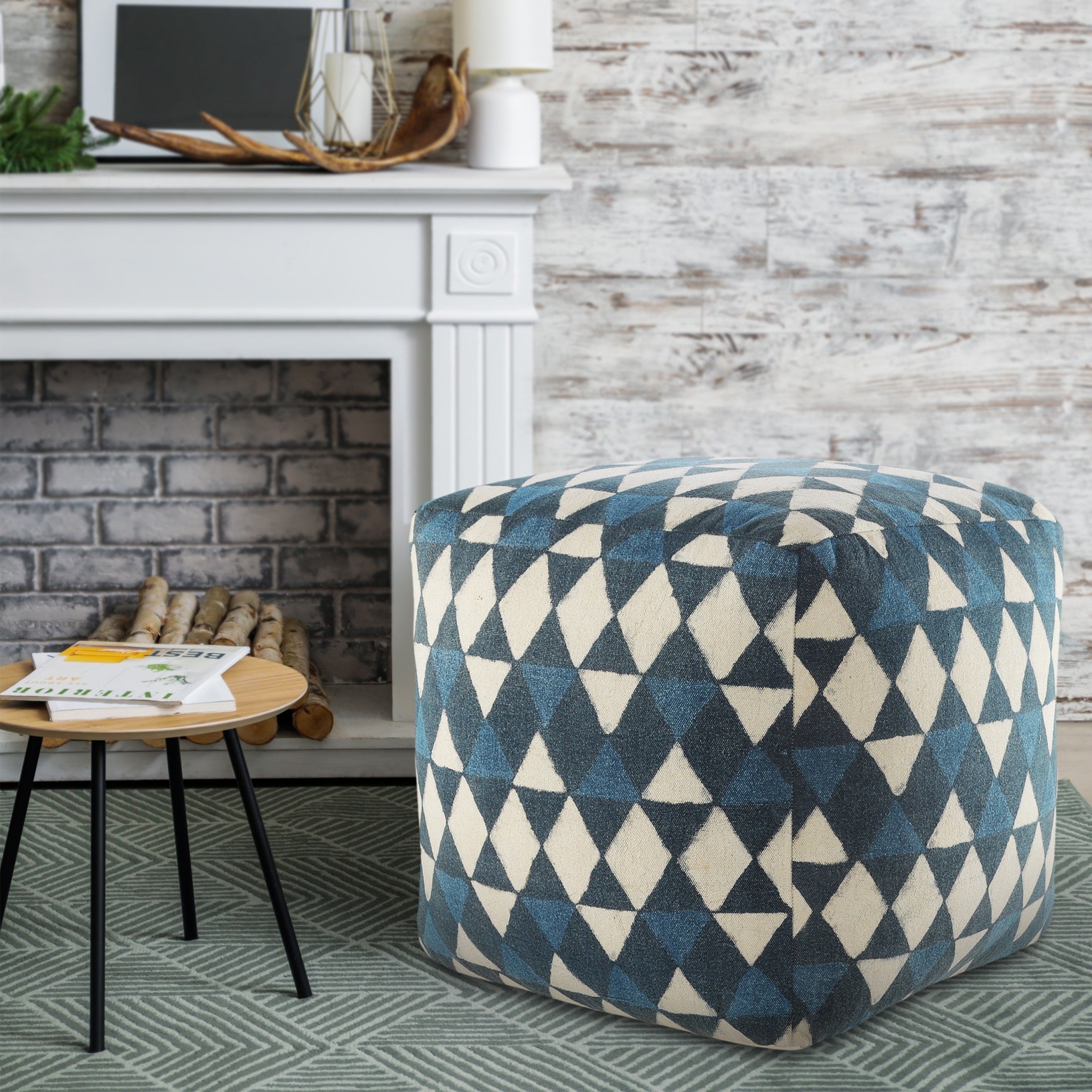 20" Blue Cotton Geometric Pouf Ottoman-5