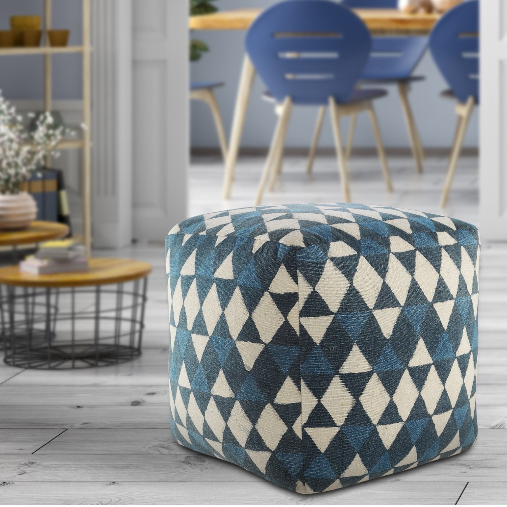 20" Blue Cotton Geometric Pouf Ottoman-6
