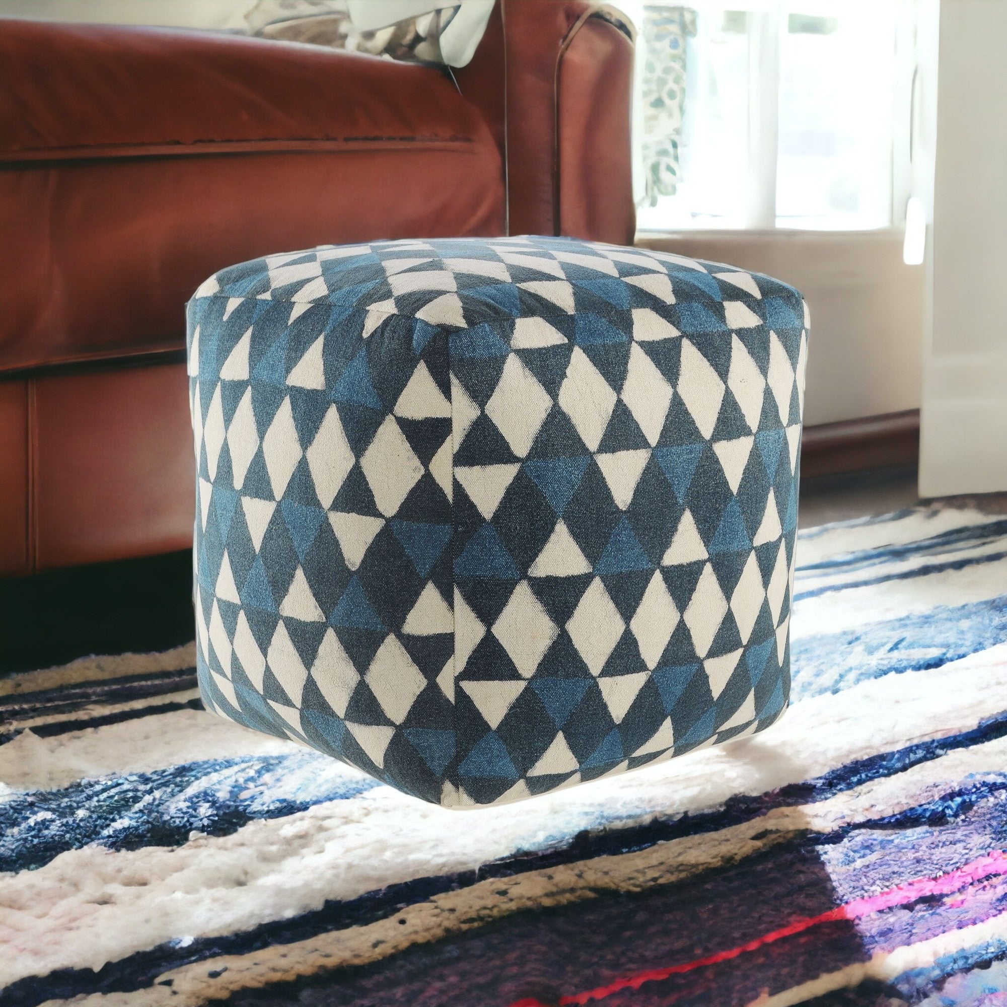 20" Blue Cotton Geometric Pouf Ottoman-4