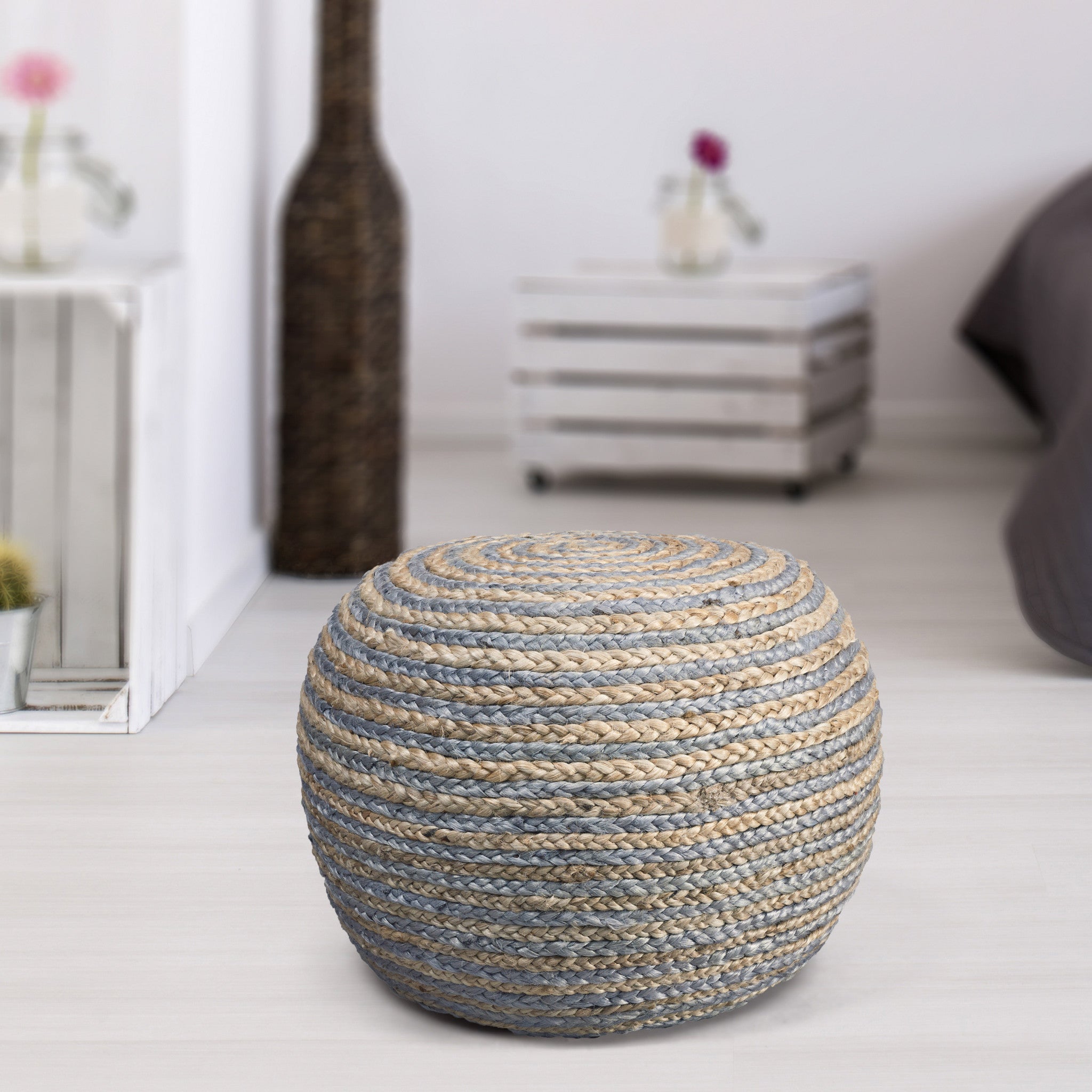 20" Gray Cotton Blend Round Striped Pouf Ottoman-3