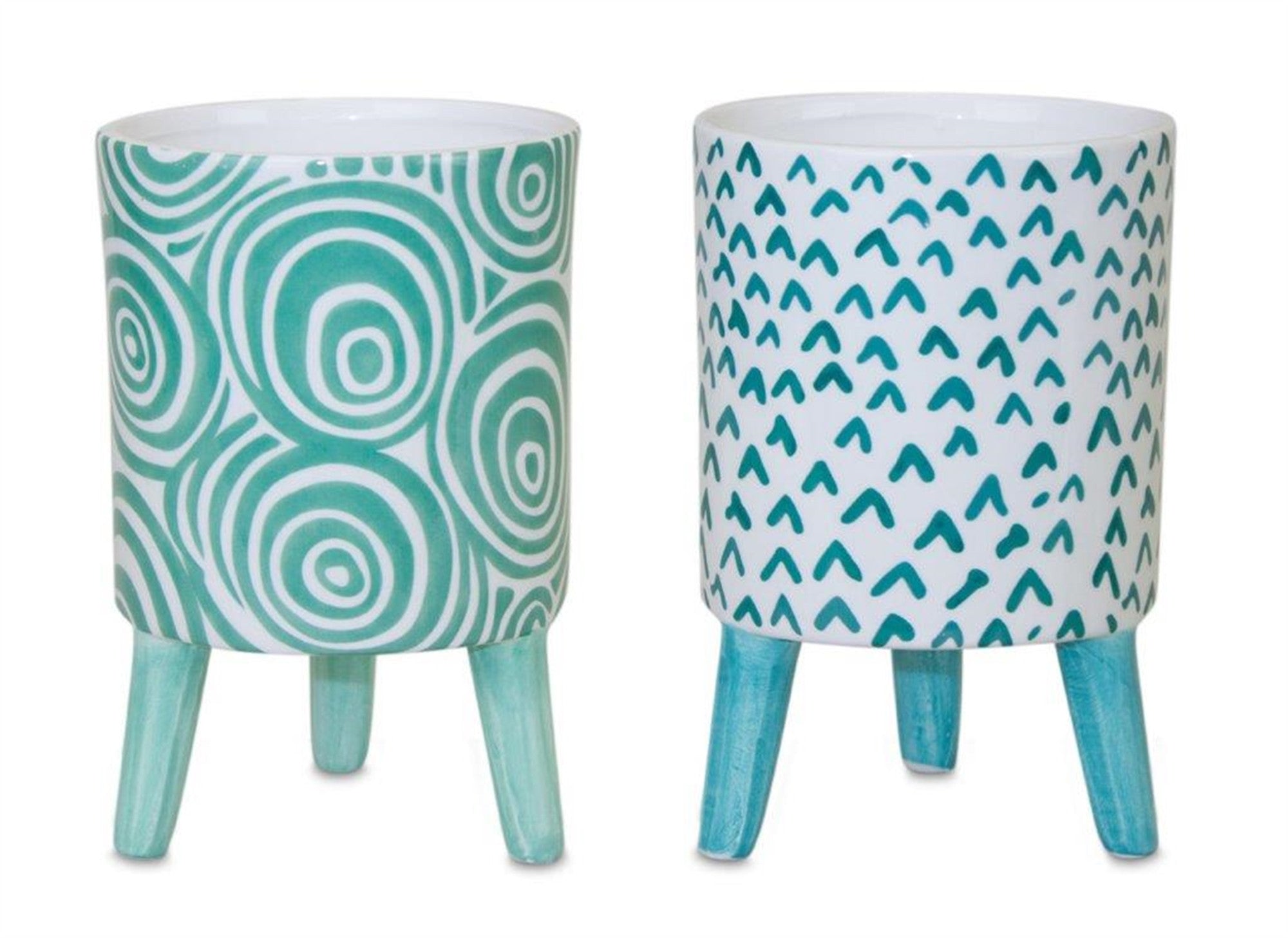 Set of Two Aqua Teal And White Ceramic 2 Ounce Chevron Round Distressed Pot Planters-1